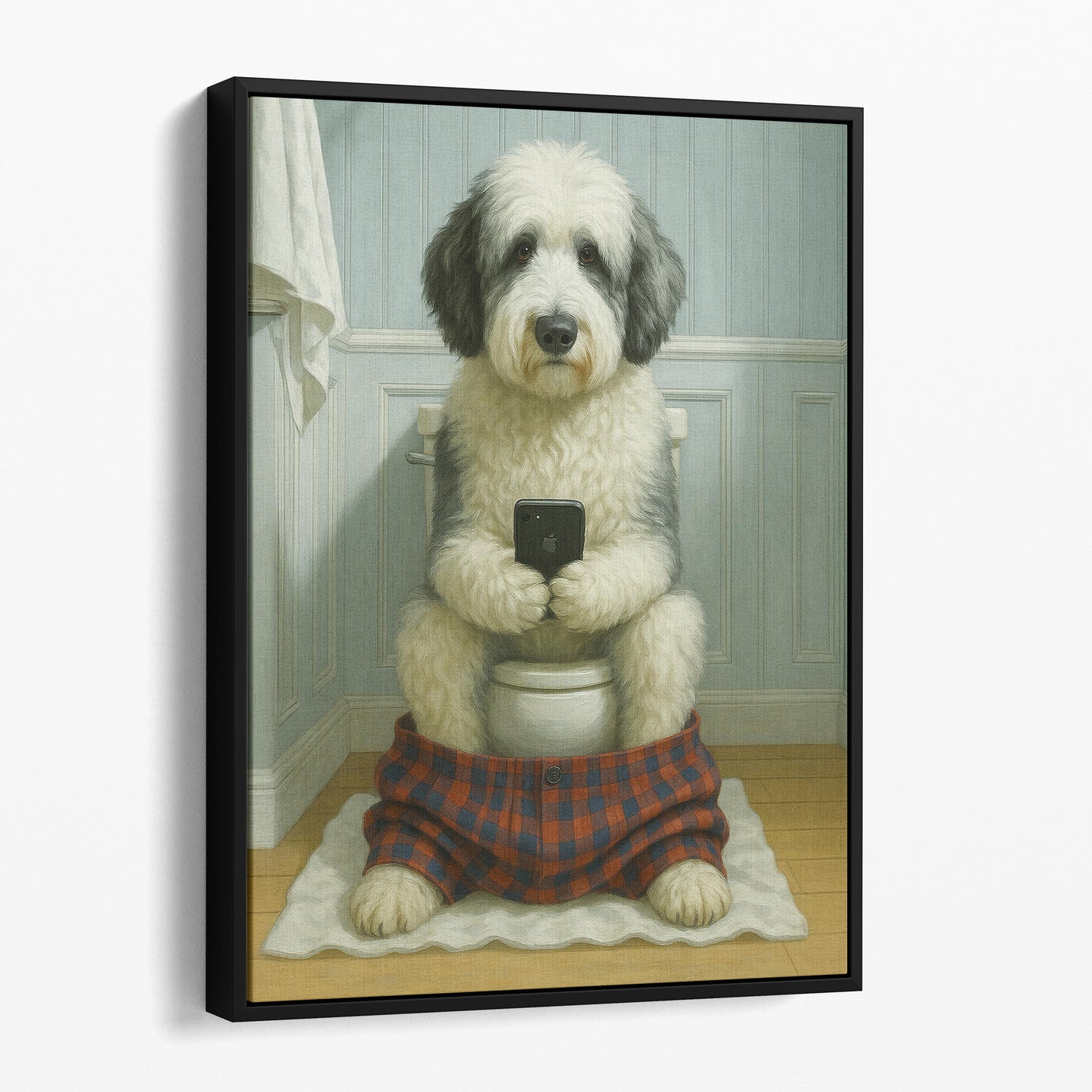 Sheepadoodle Dog On The Phone On The Toilet