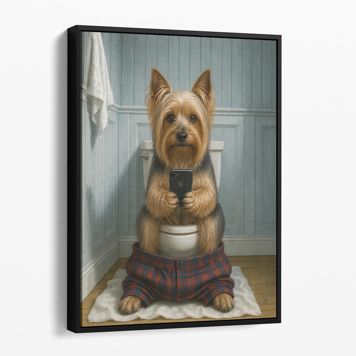 Silky Terrier Dog On The Phone On The Toilet