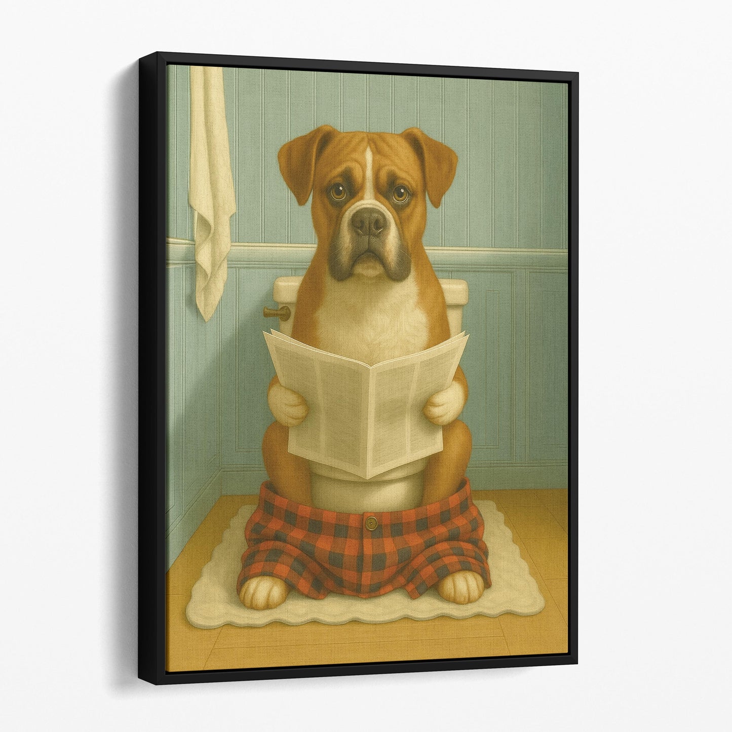 Boxer Dog Reading The Newspaper On The Toilet