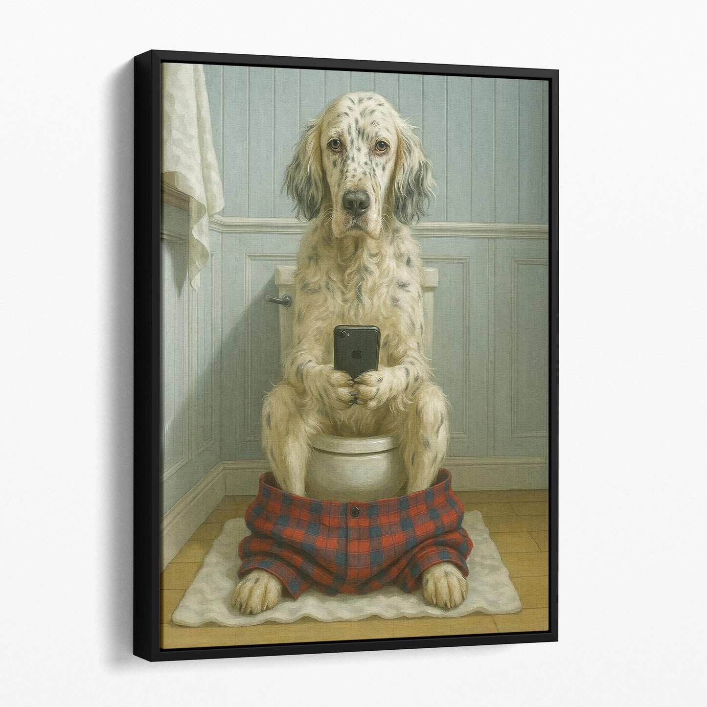 English Setter Dog On The Phone On The Toilet