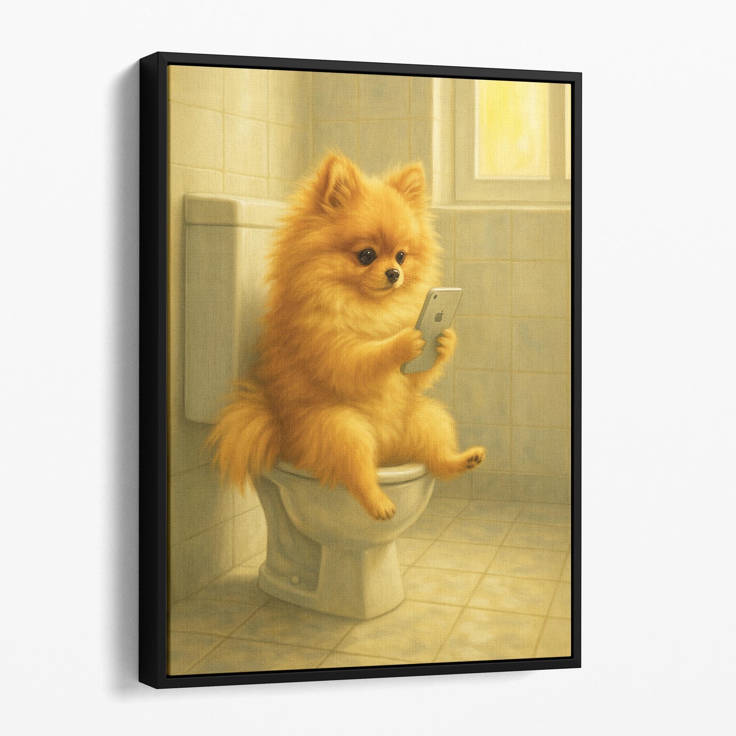 Pomeranian Dog On The Phone On The Toilet