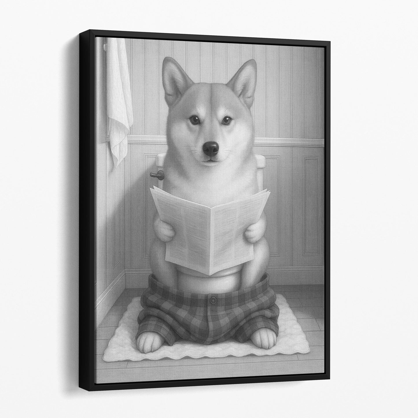 Shiba Inu Dog Reading The Newspaper On The Toilet