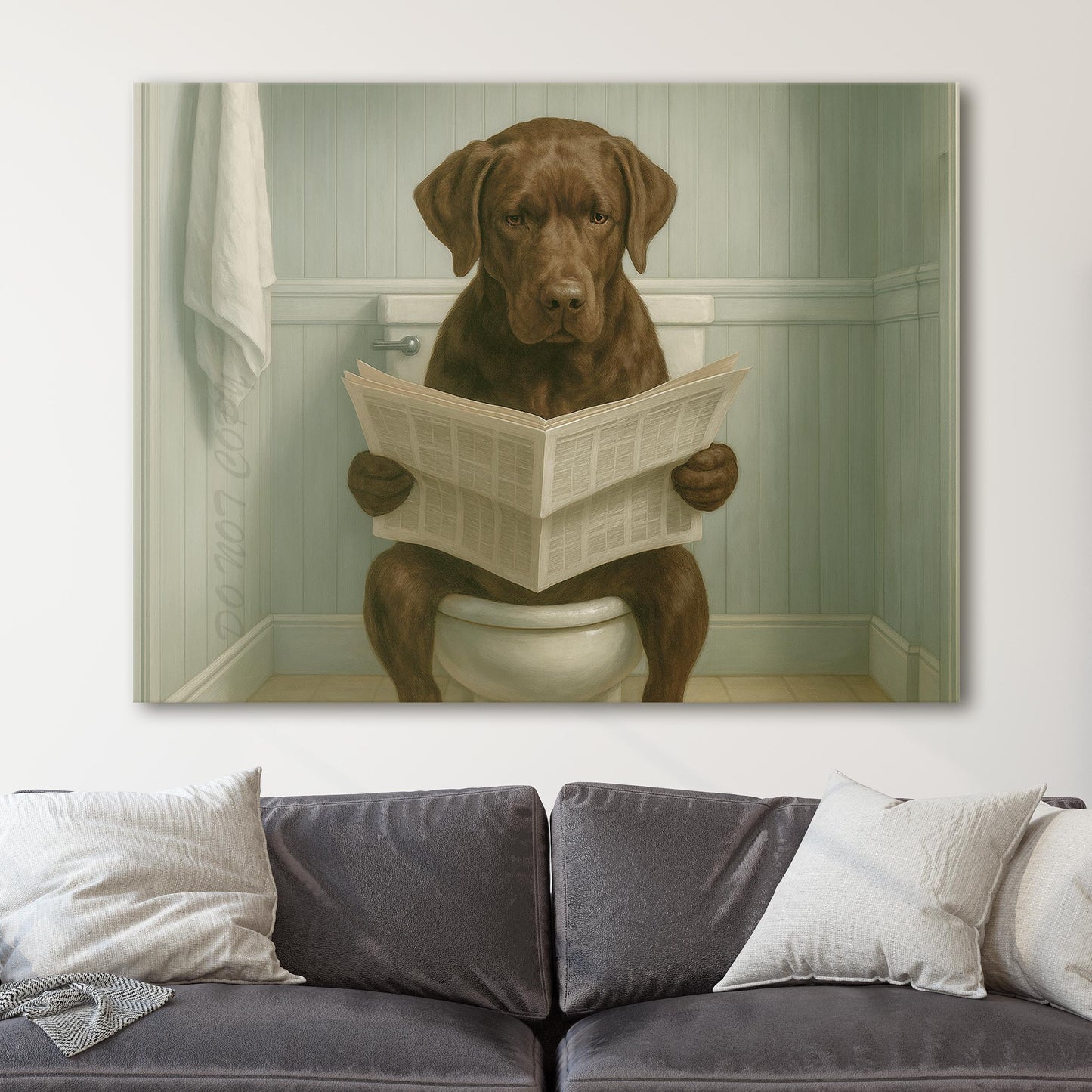 Chocolate Labrador Retriever Reading The Newspaper On The Toilet