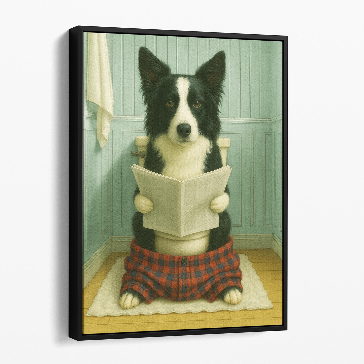 Border Collie Dog Reading The Newspaper On The Toilet