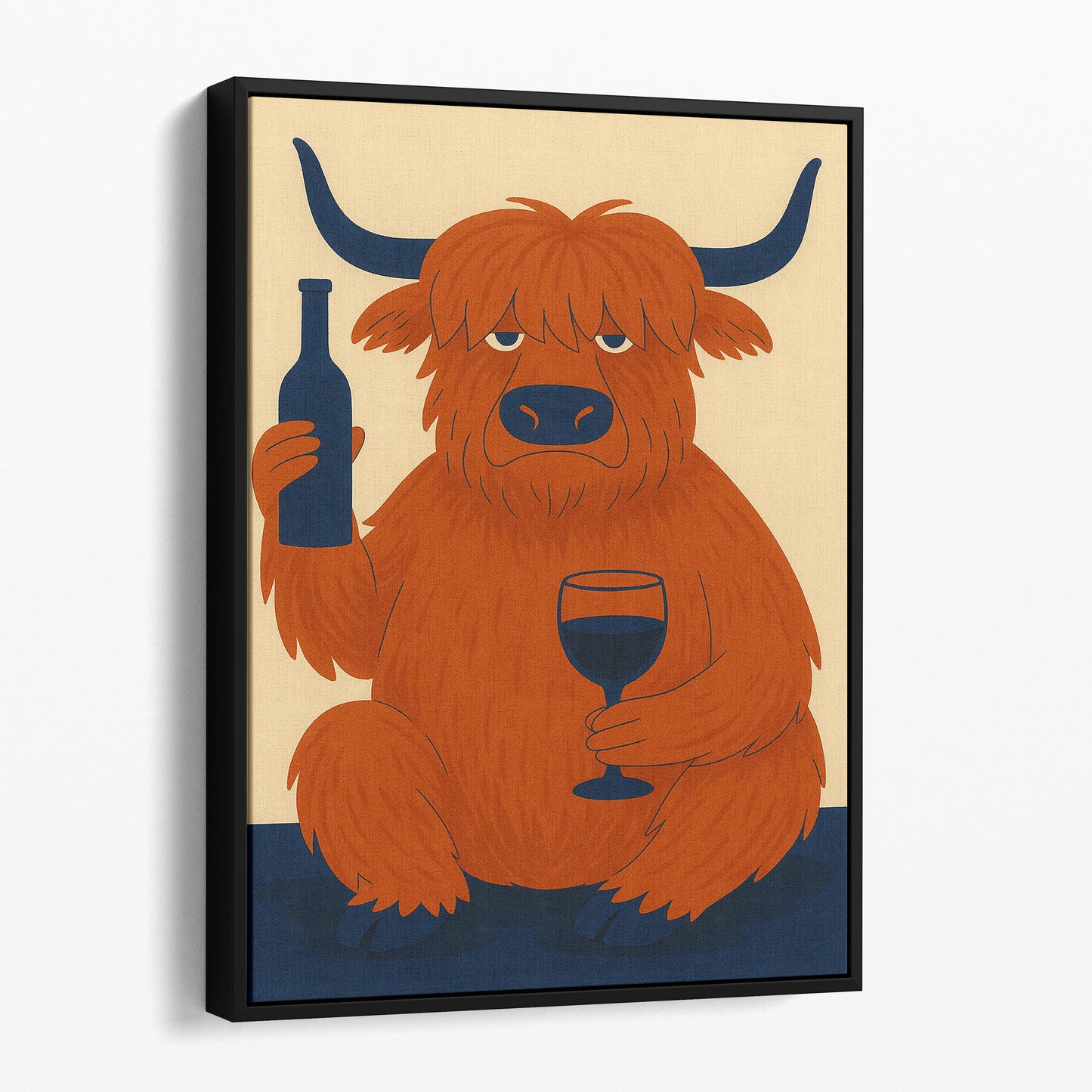 Highland Cow Drinking Wine Mid Century Modern