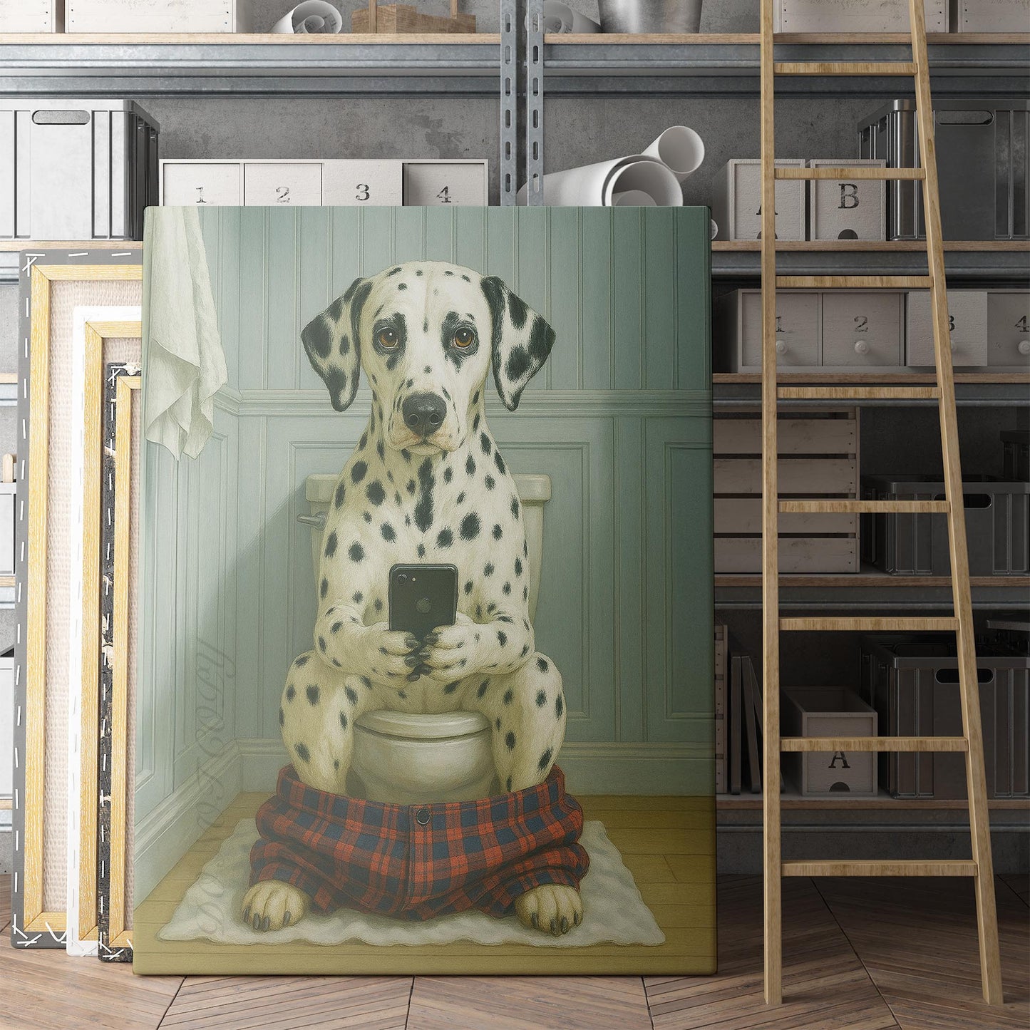 Dalmatian Dog On The Phone On The Toilet