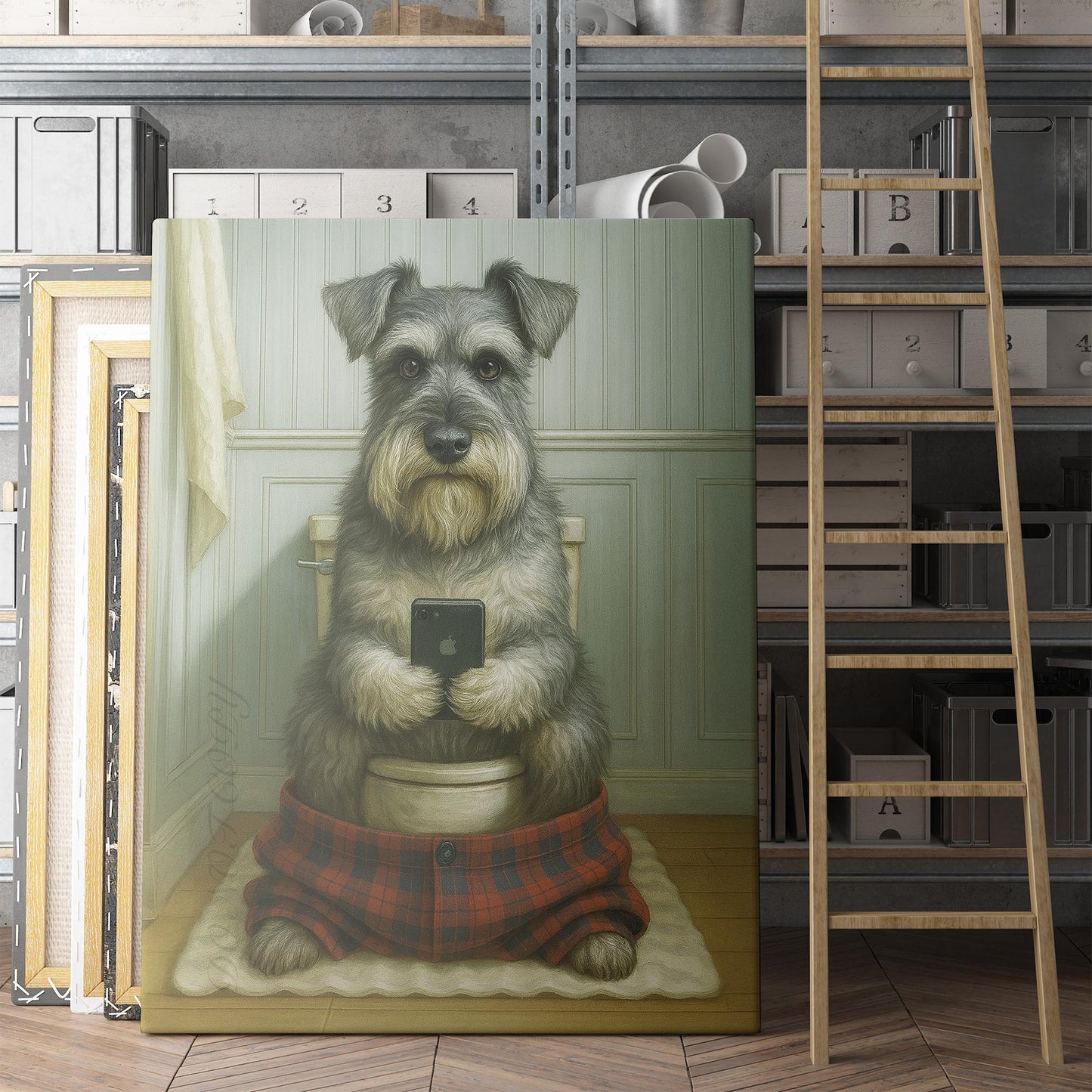 Schnauzer Dog On The Phone On The Toilet