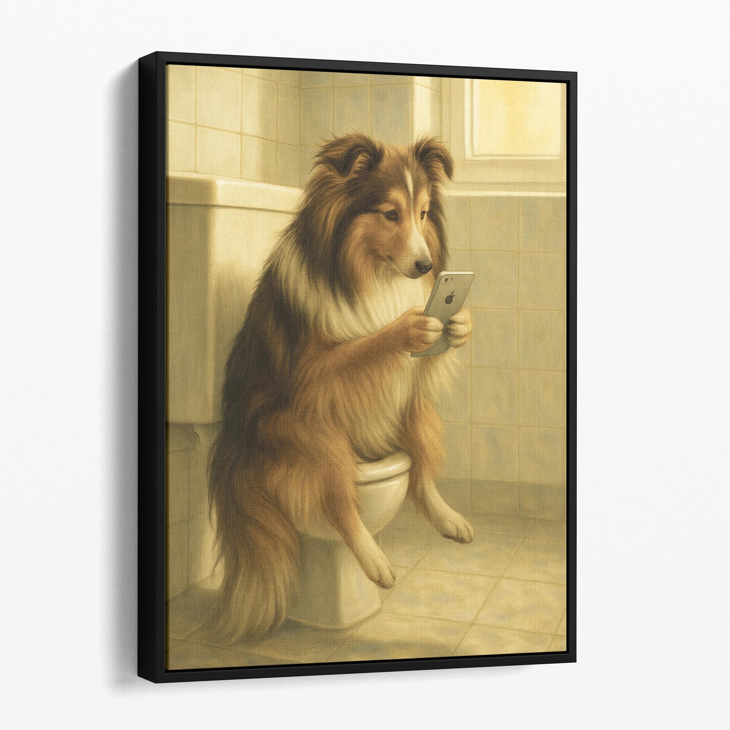 Shetland Sheepdog On The Phone On The Toilet
