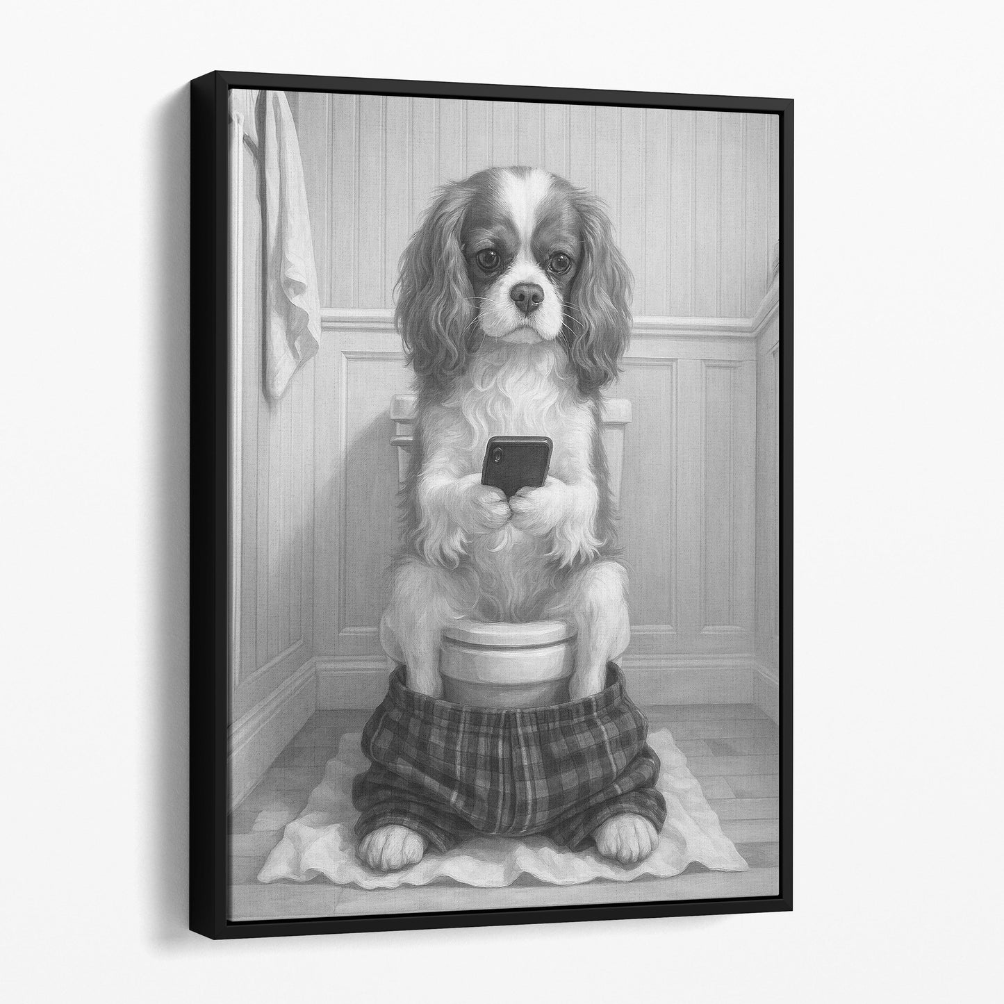 Cavalier King Charles Dog On The Phone On The Toilet
