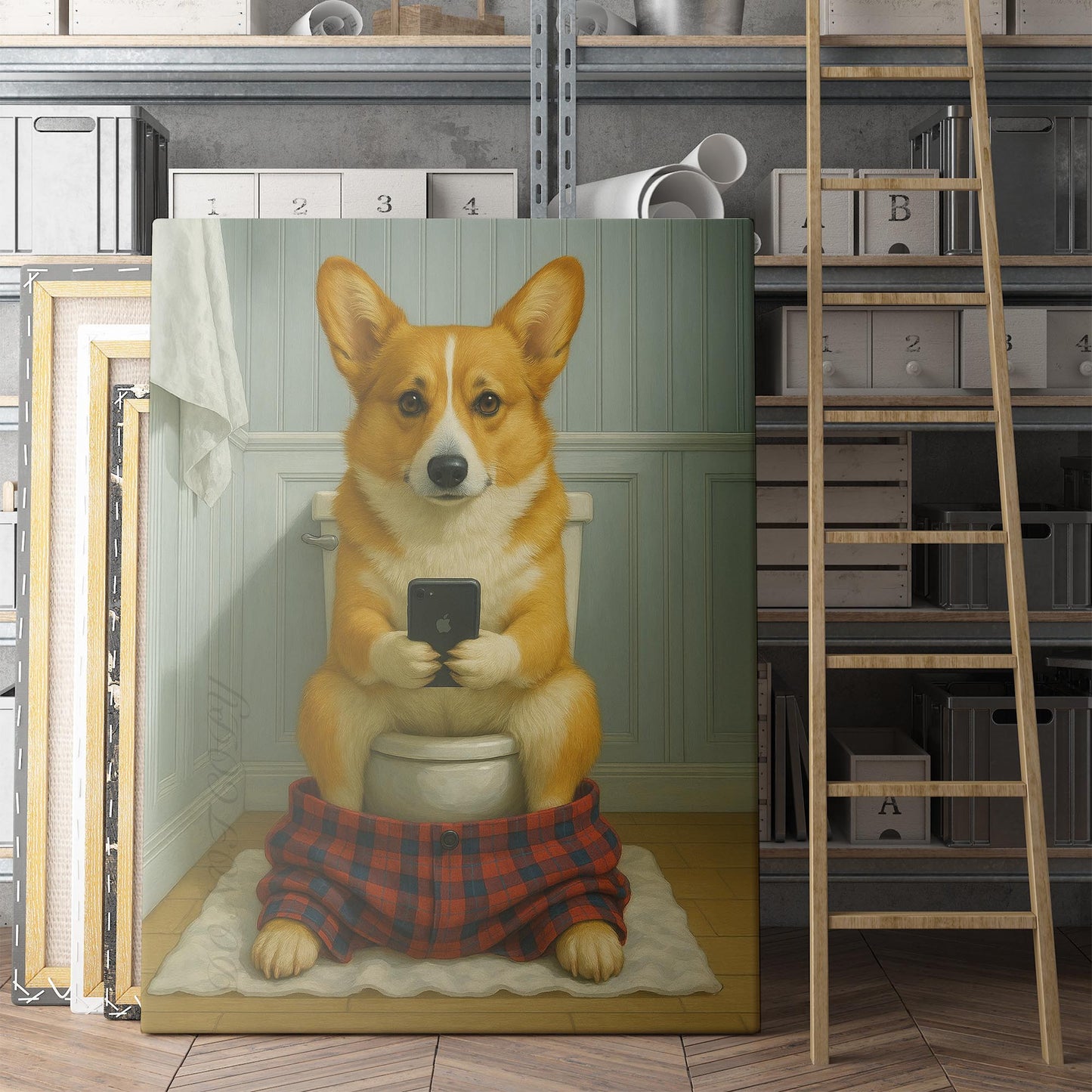Pembroke Welsh Corgi Dog On The Phone On The Toilet