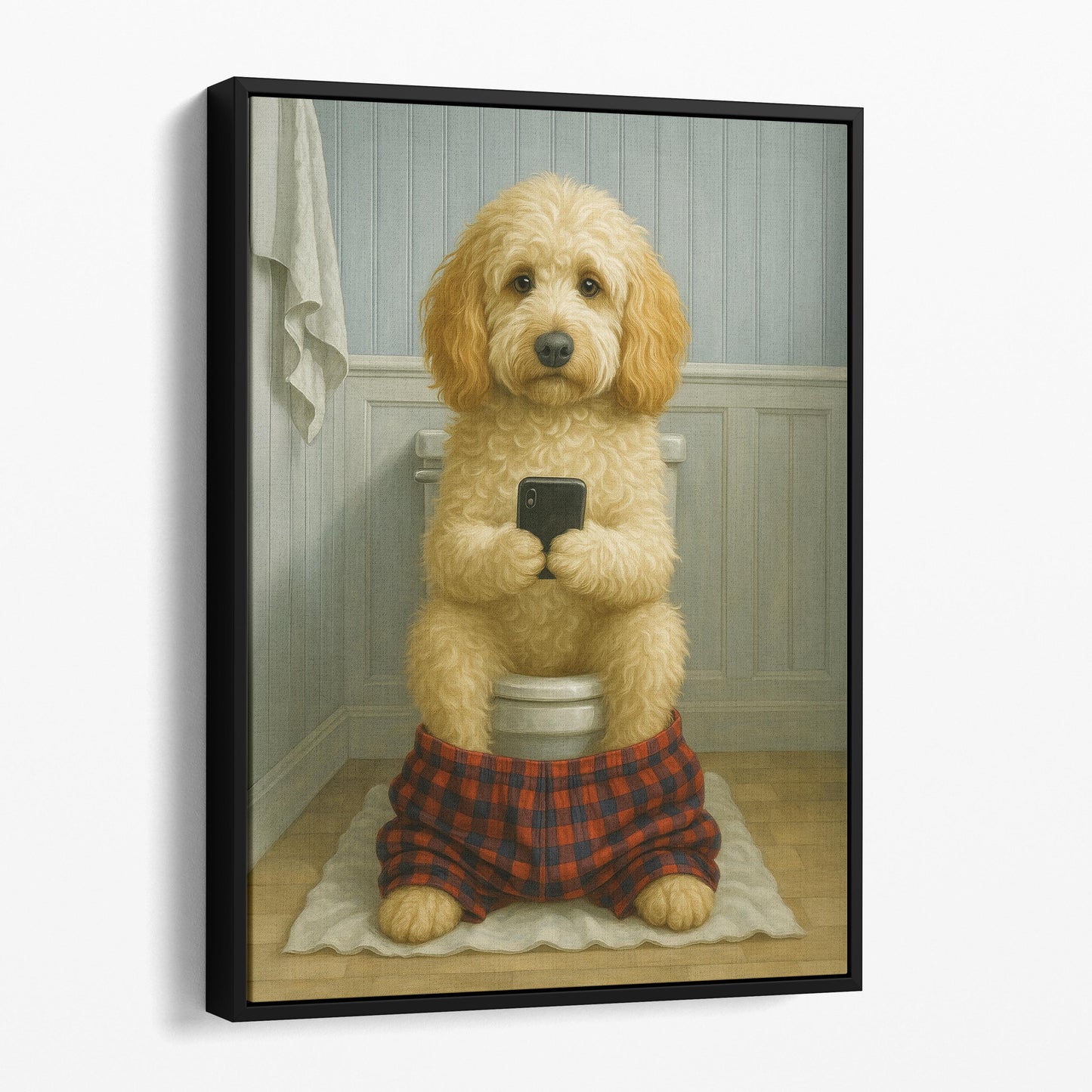 Labradoodle Dog On The Phone On The Toilet
