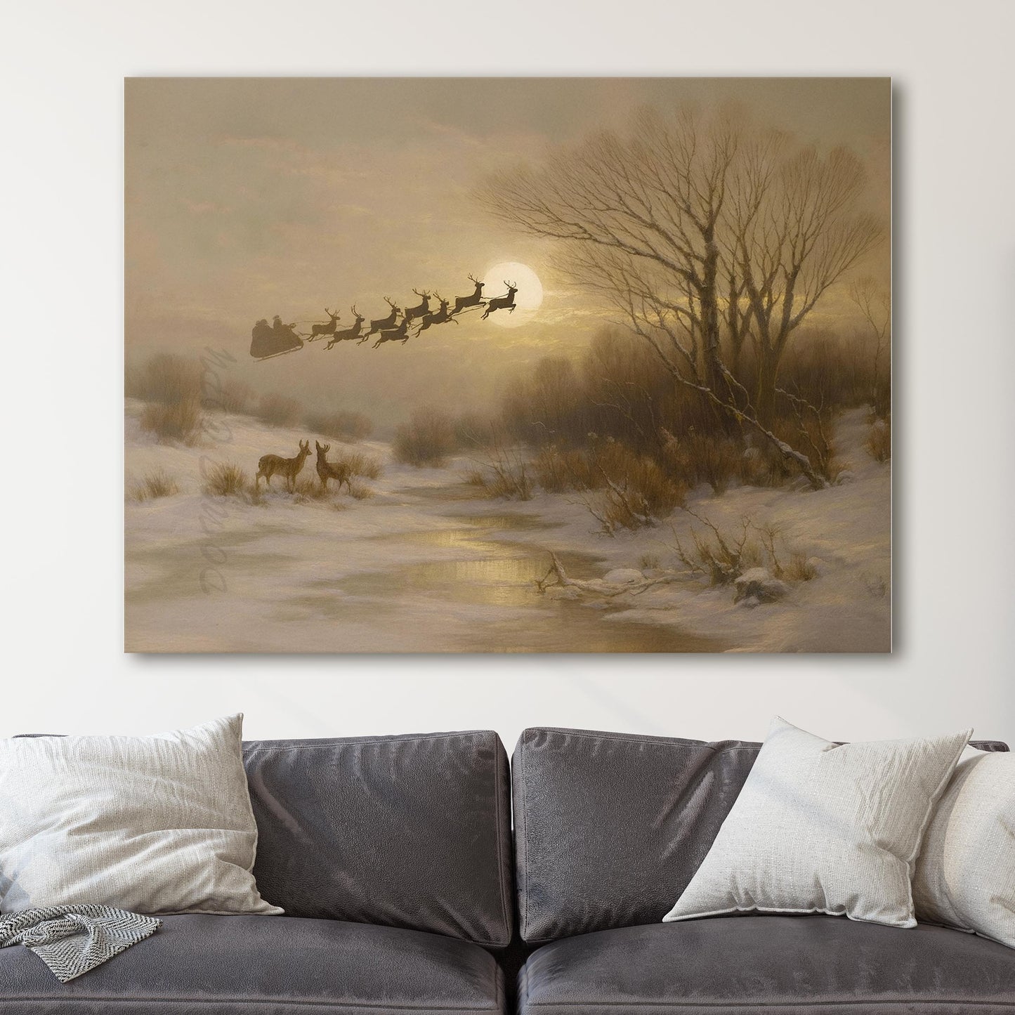 Santa Claus Flying Over Snowy Landscape