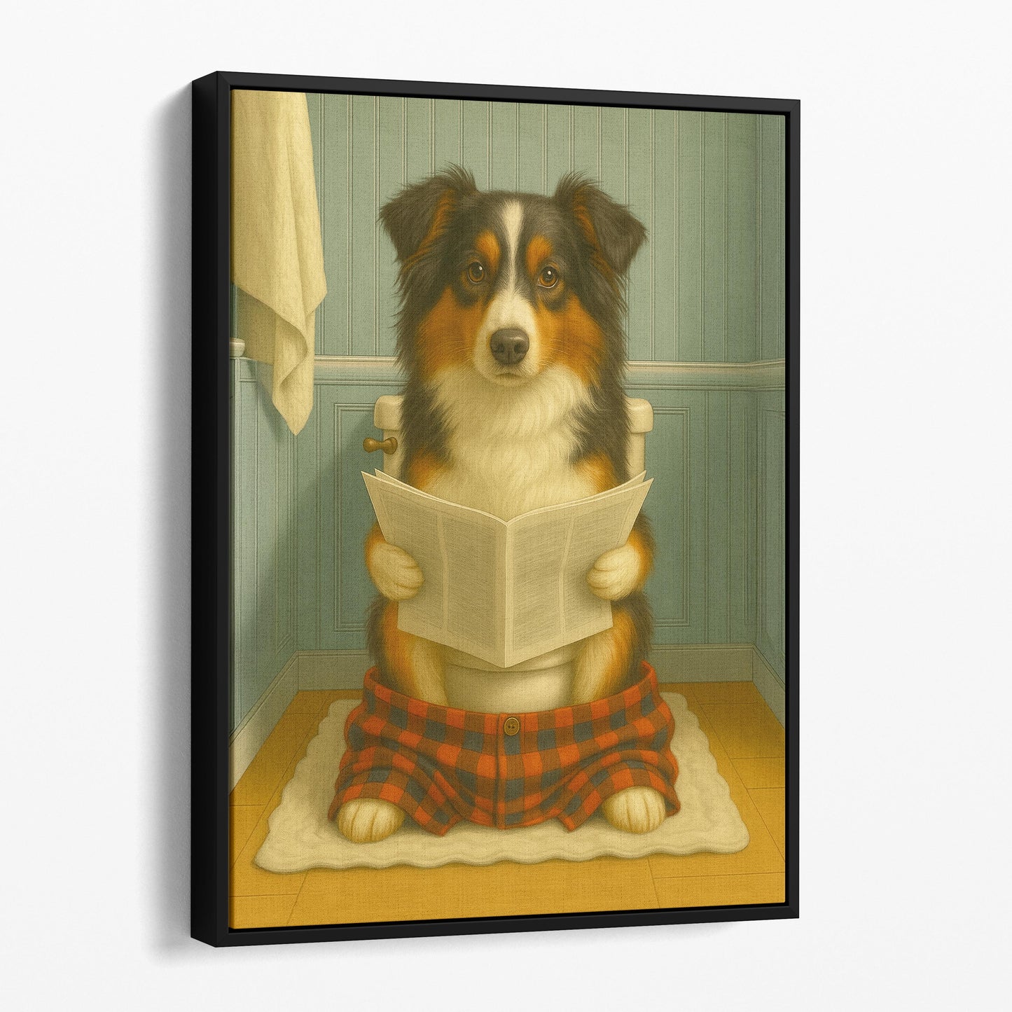 Miniature American Shepherd Dog Reading The Newspaper On The Toilet