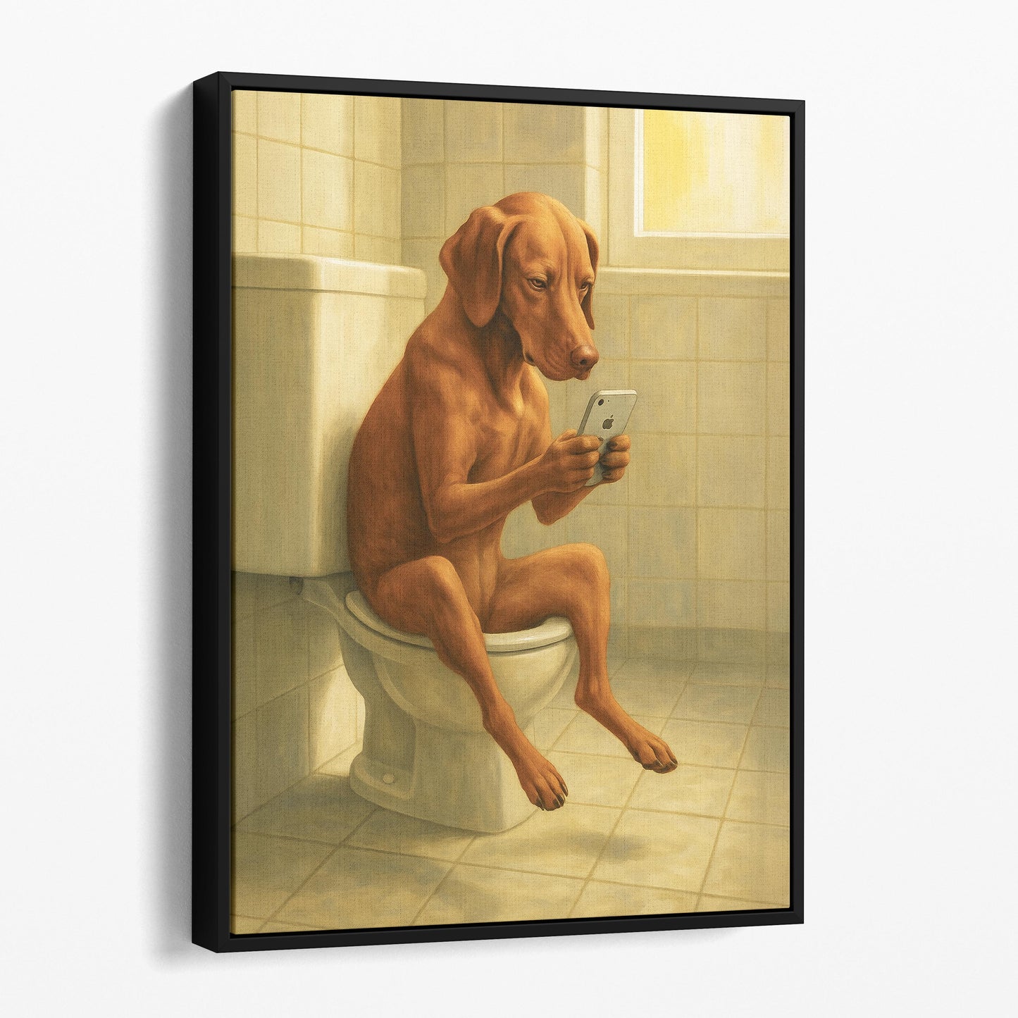 Vizsla Dog On The Phone On The Toilet