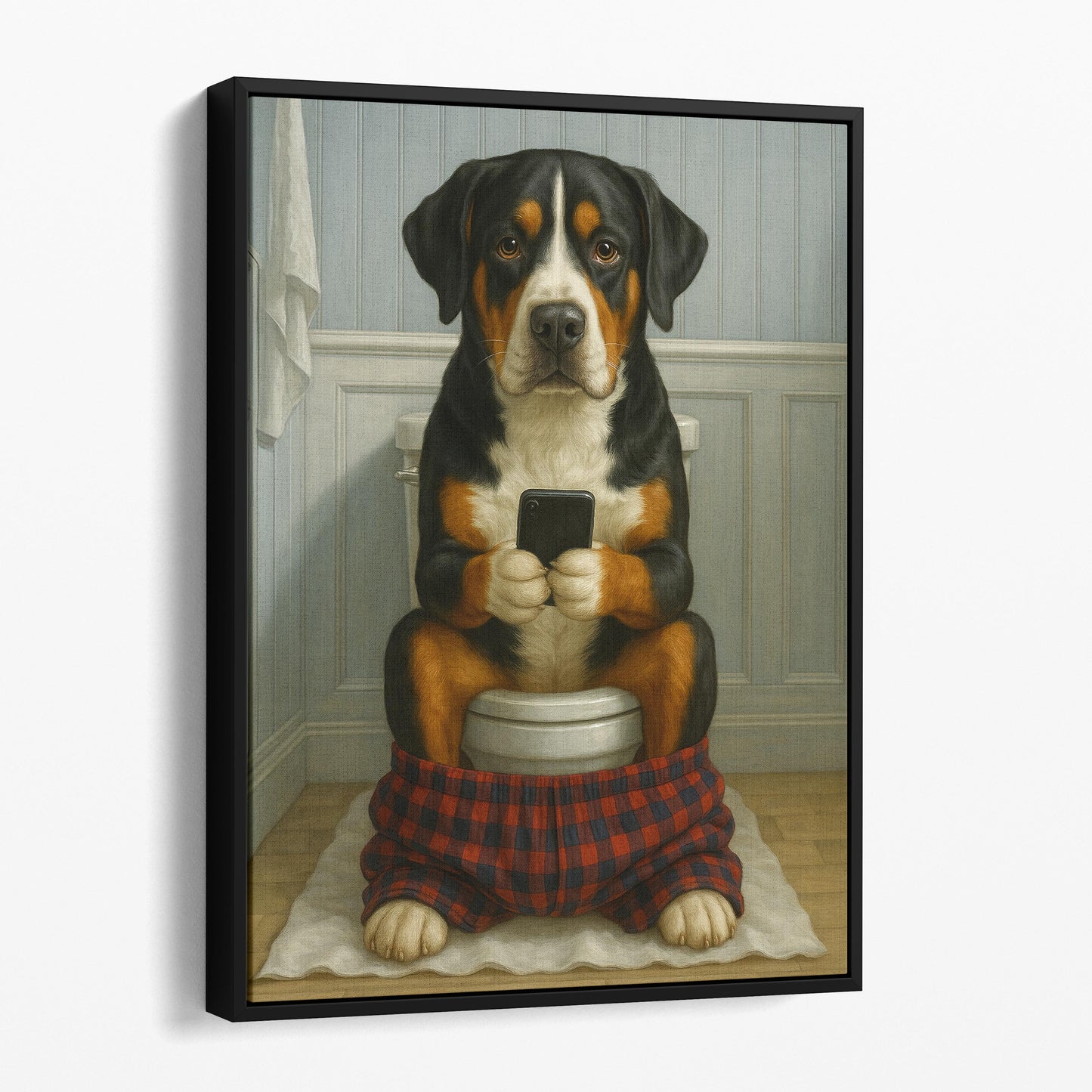 Greater Swiss Mountain Dog On The Phone On The Toilet