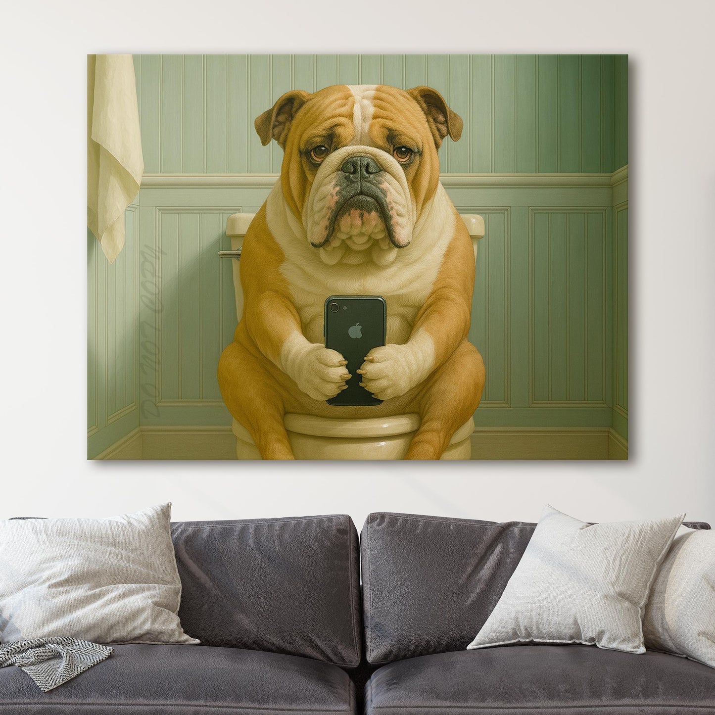 Bulldog On The Phone On The Toilet