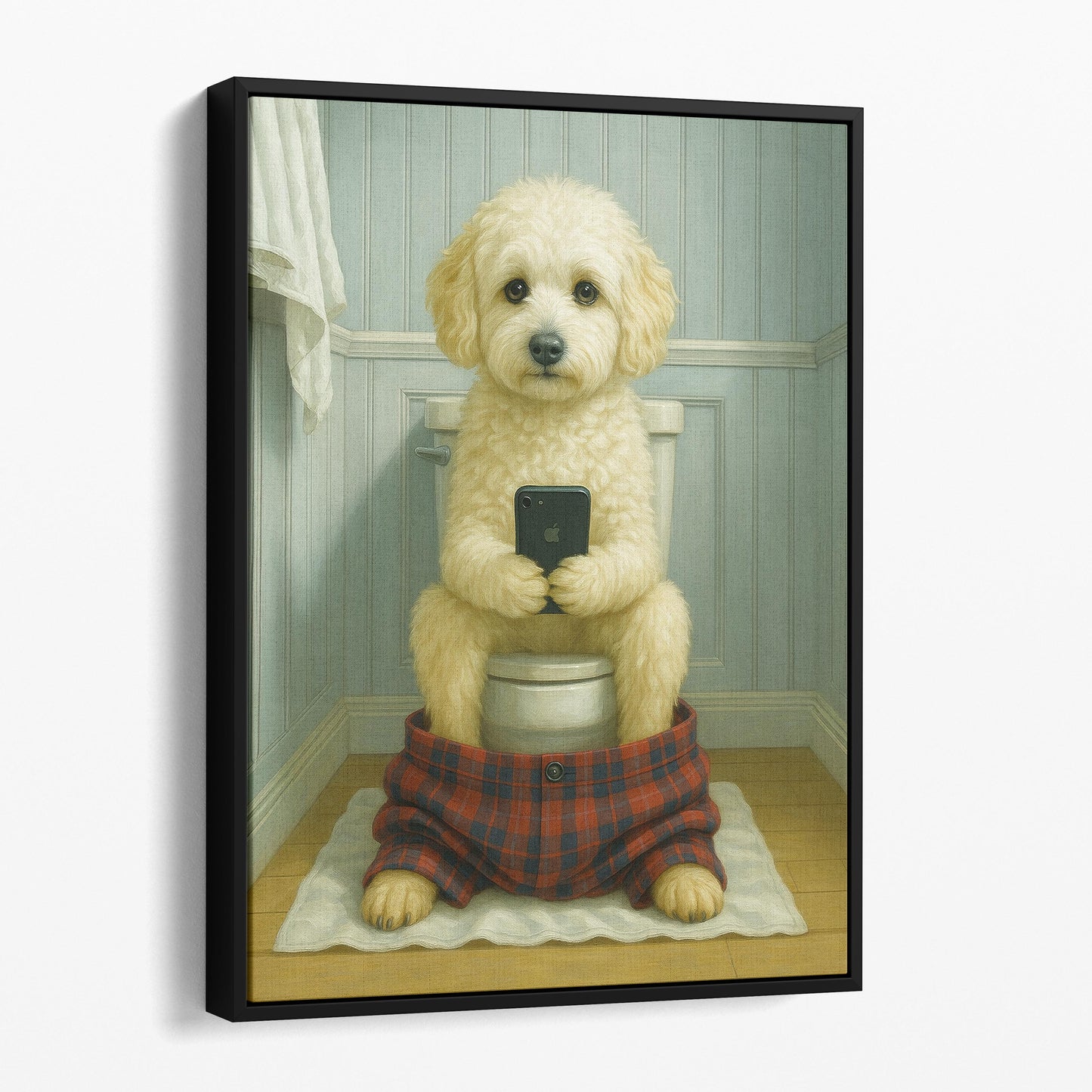 Maltipoo Dog On The Phone On The Toilet