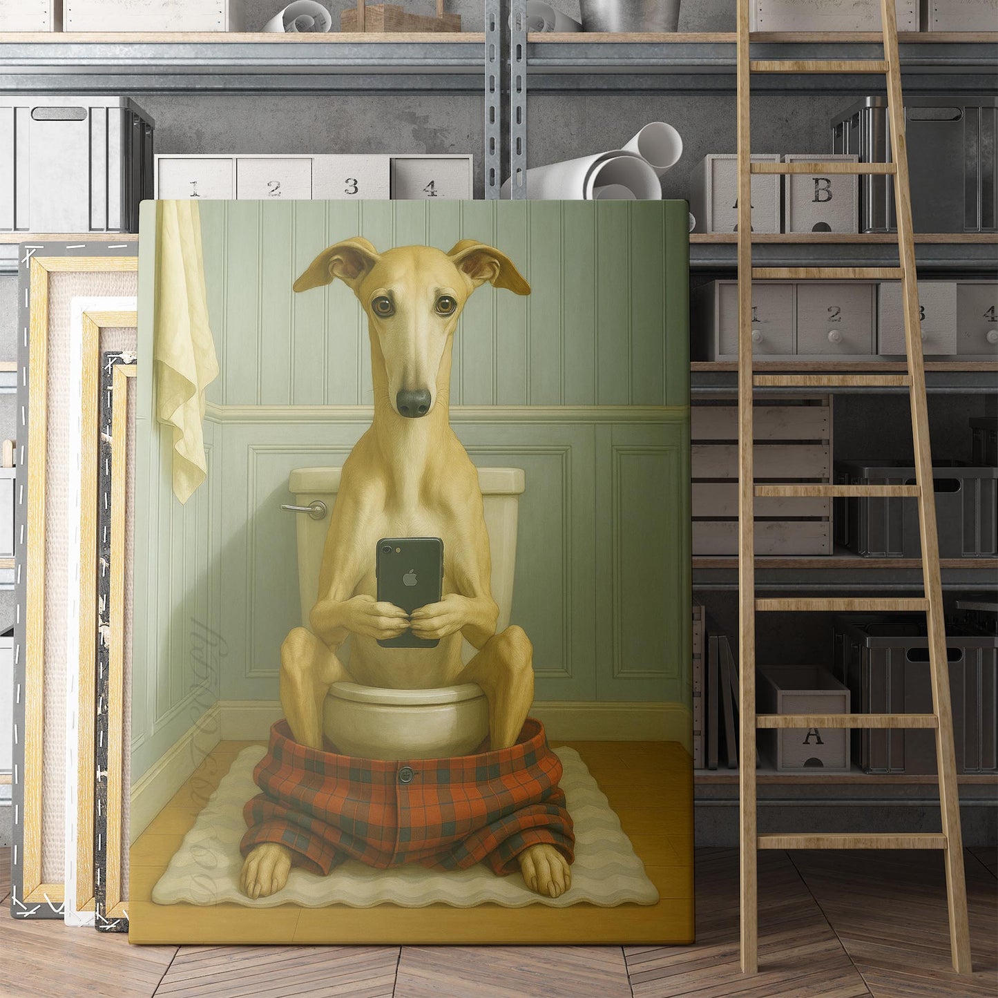 Greyhound Dog On The Phone On The Toilet