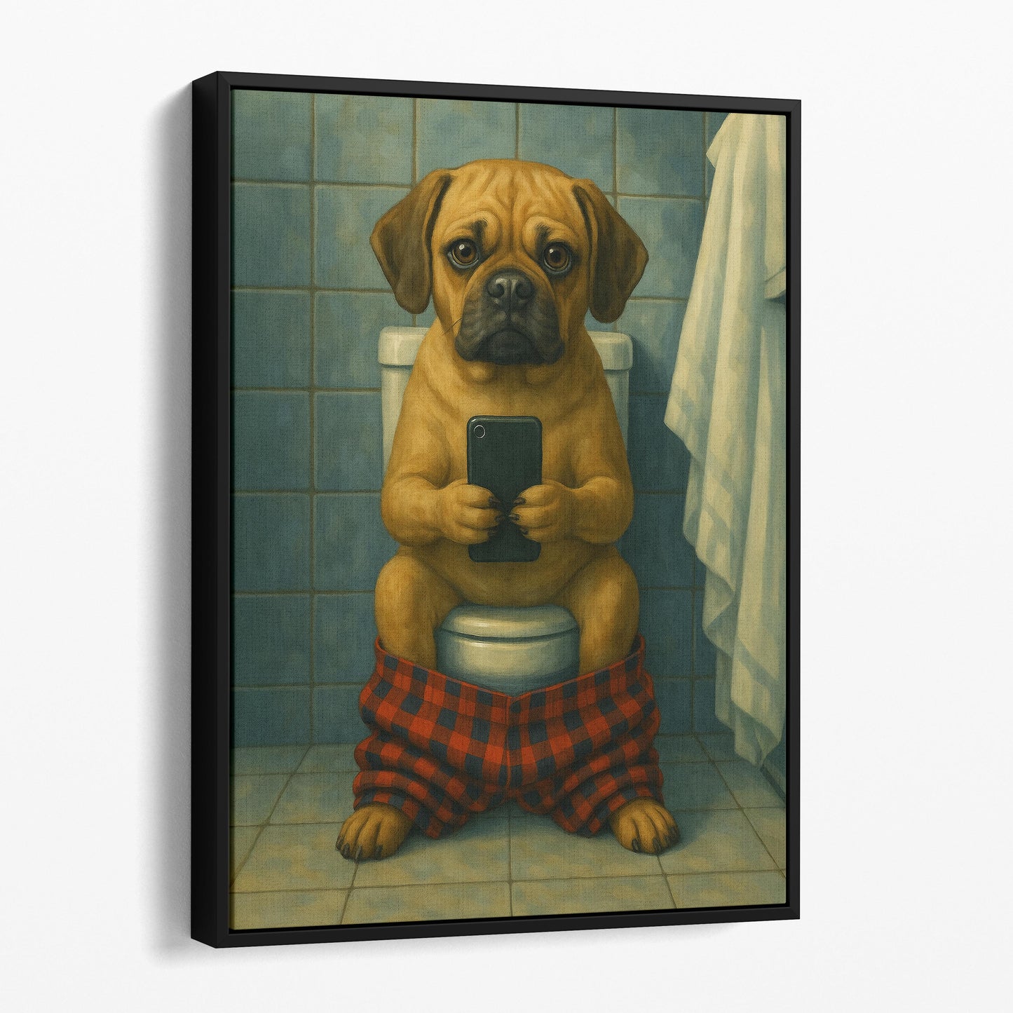 Puggle Dog On The Phone On The Toilet