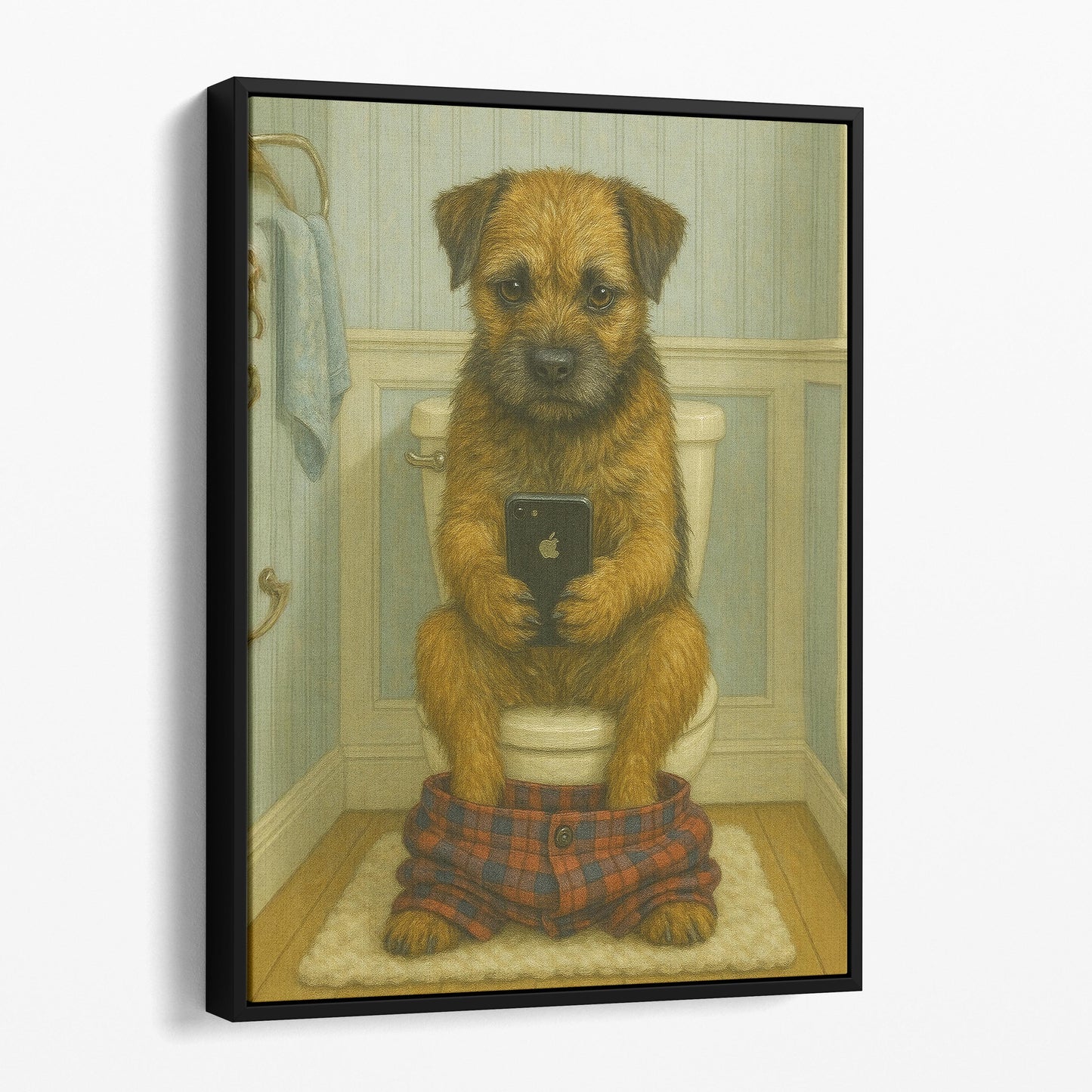 Border Terrier Dog On The Phone On The Toilet