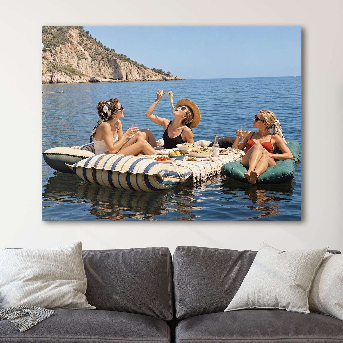 Floating Luncheon, Three Young Women Eat Spaghetti on Inflatable Mattresses