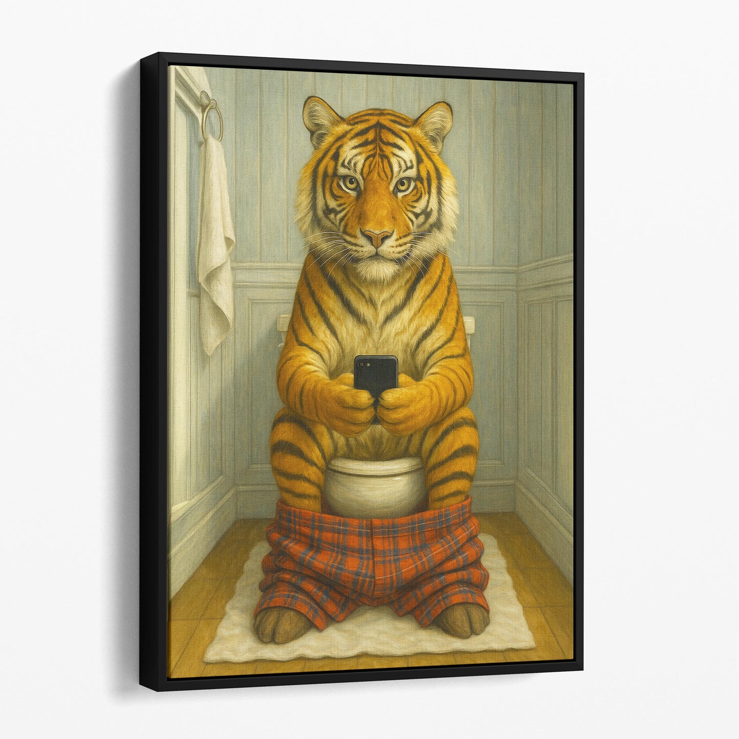 Tiger On The Phone On The Toilet