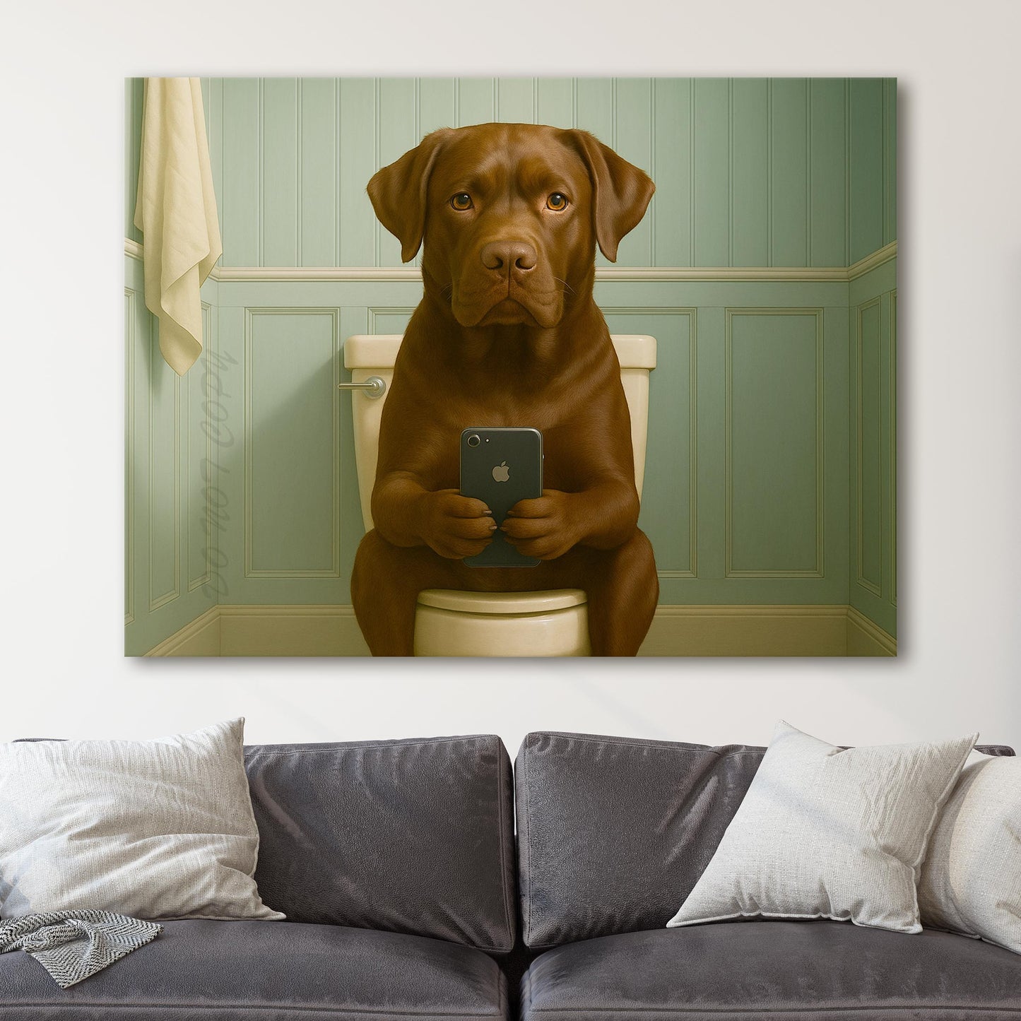 Chocolate Labrador Dog On The Phone On The Toilet