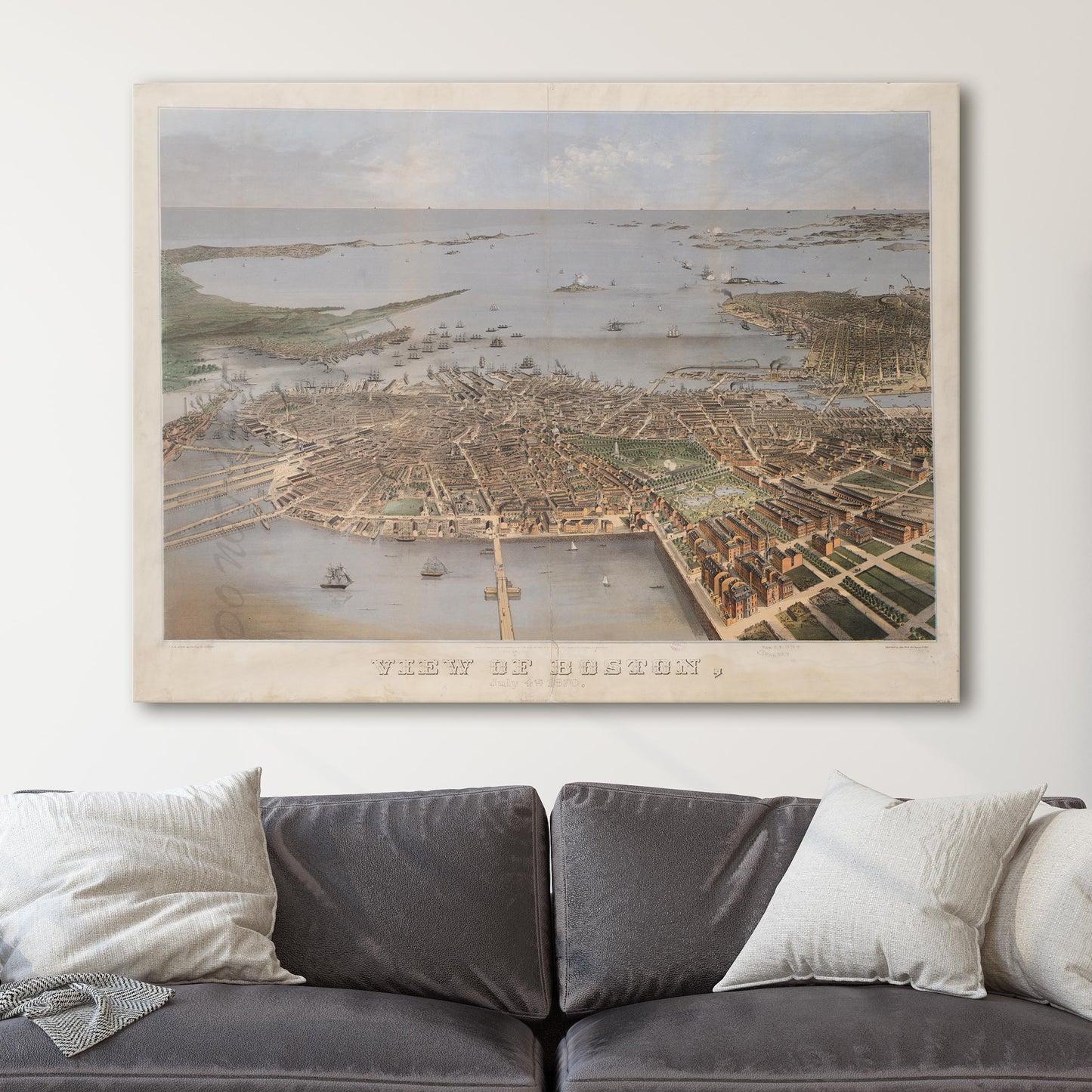 View of Boston 1870 - Vintage Birds Eye View Map