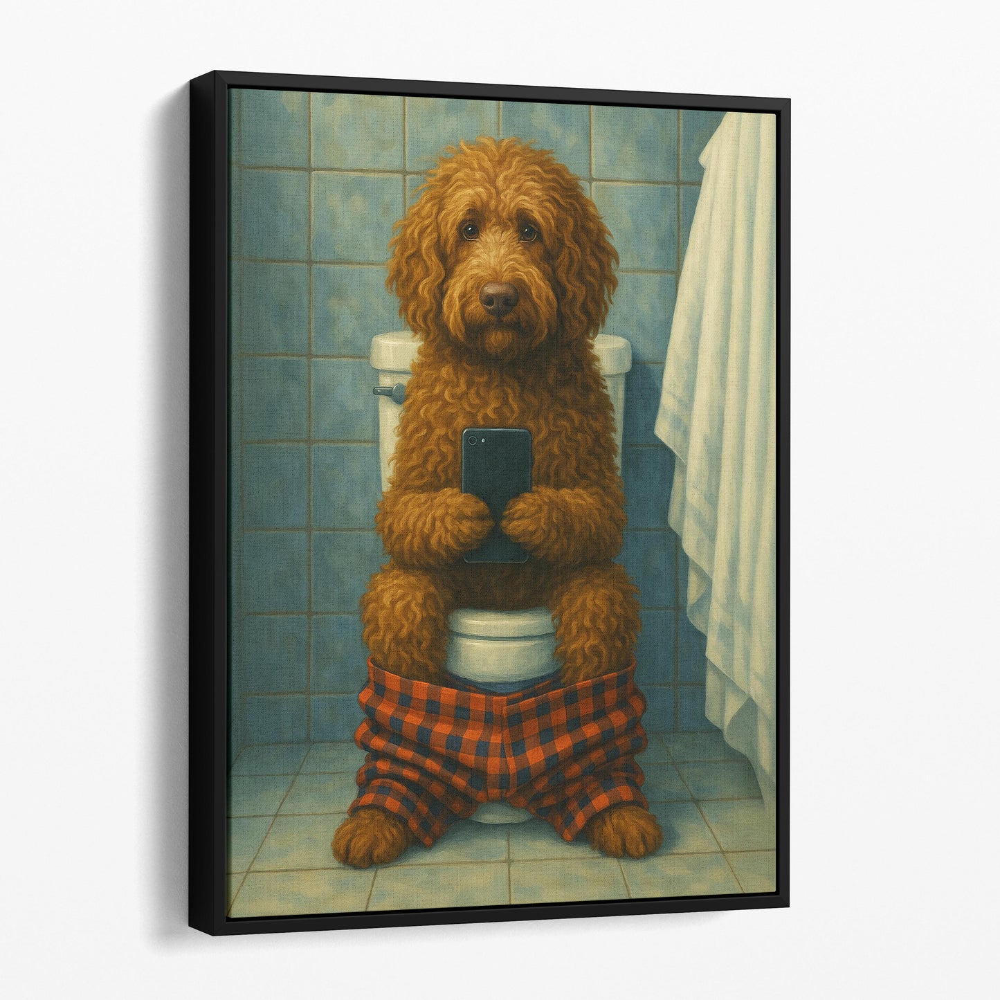 Labradoodle Dog On The Phone On The Toilet