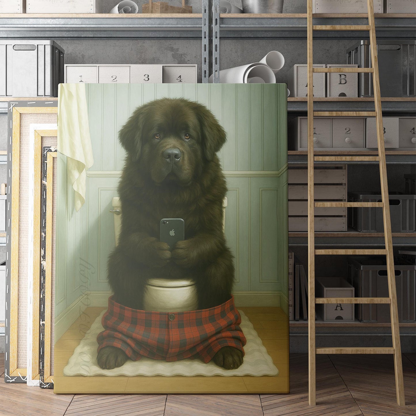 Newfoundland Dog On The Phone On The Toilet