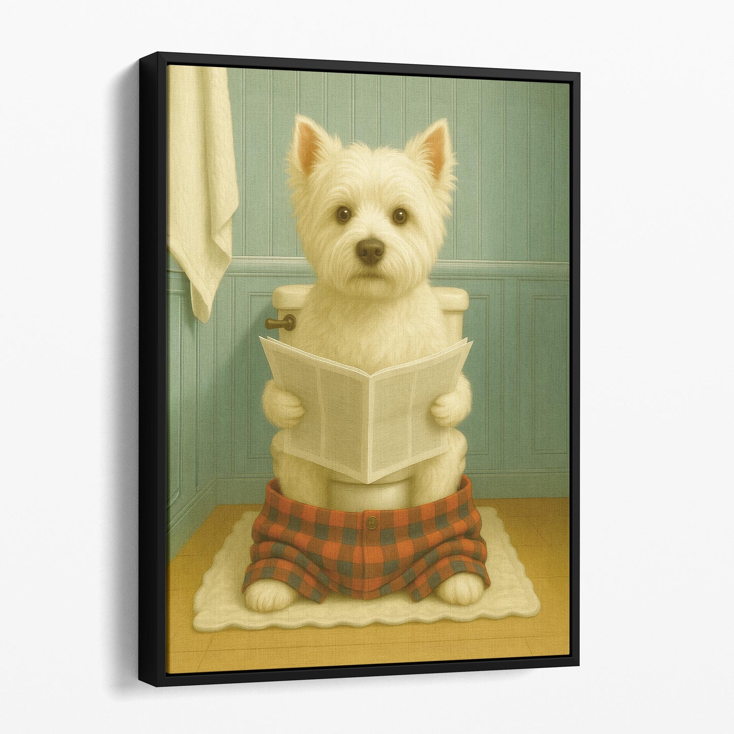 West Highland White Terrier Dog Reading The Newspaper On The Toilet