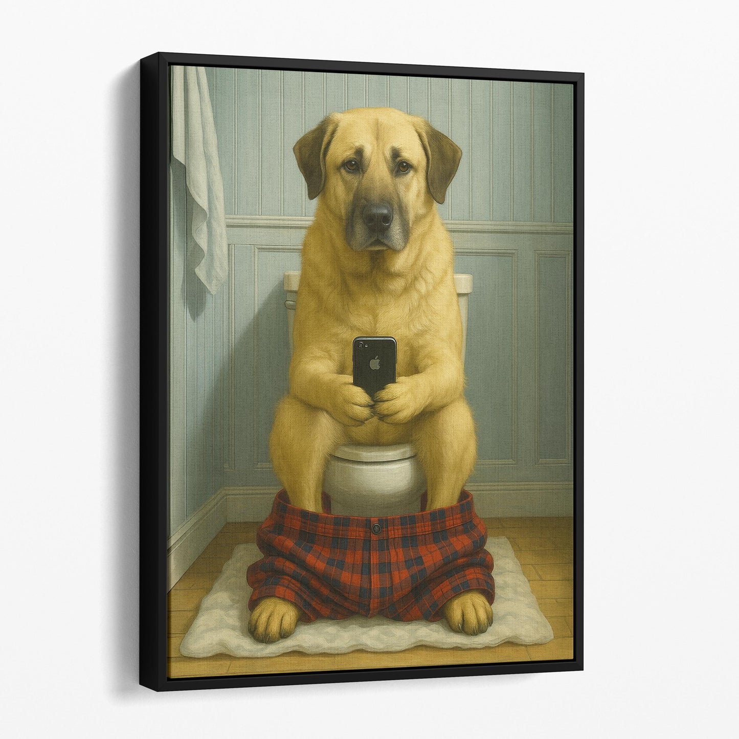 Anatolian Shepherd Dog On The Phone On The Toilet