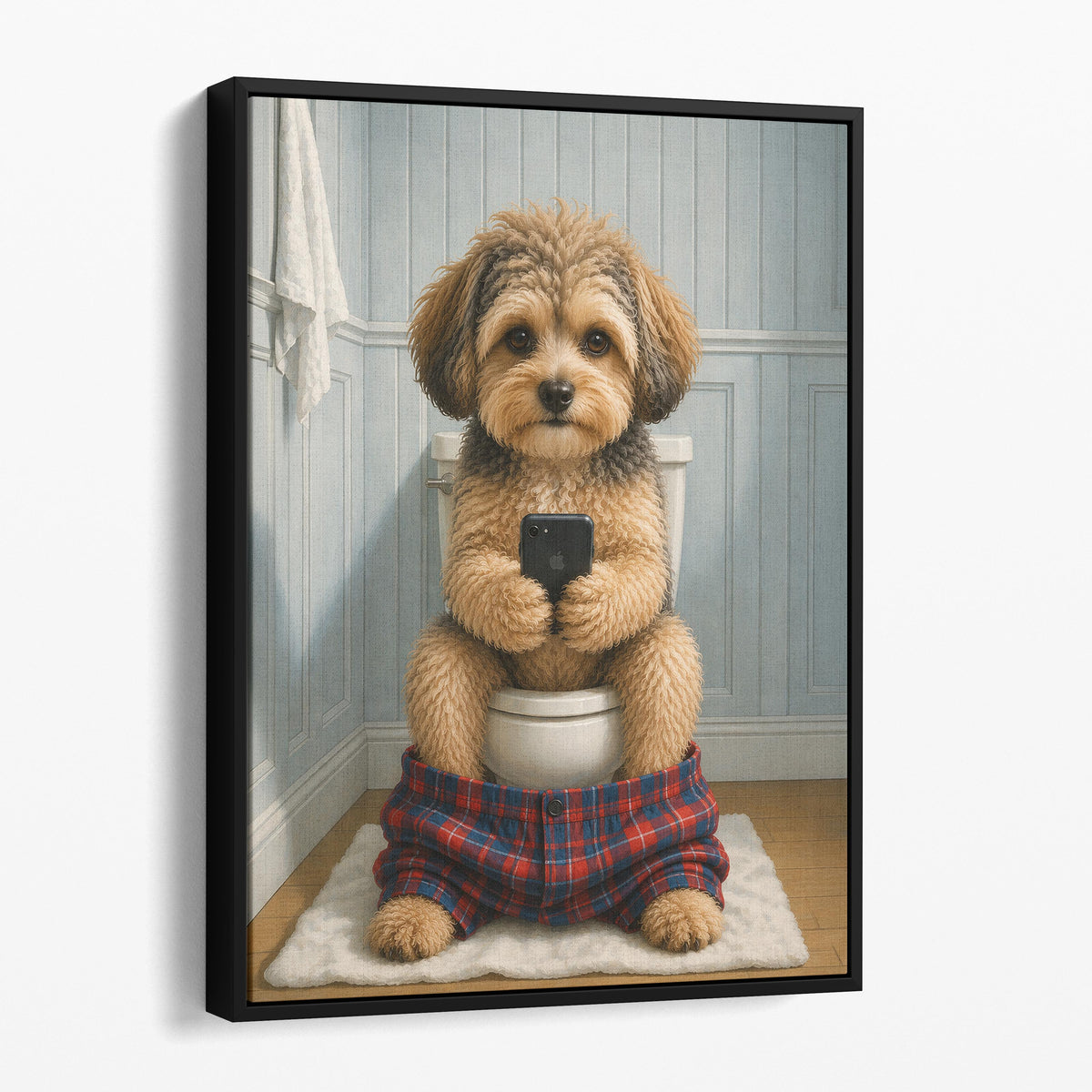 Yorkipoo Dog On The Phone On The Toilet