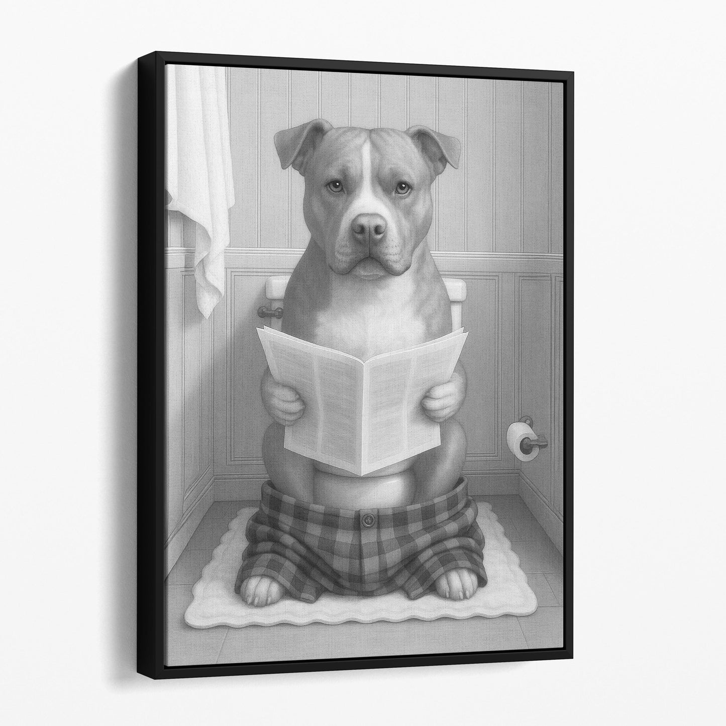 Pit Bull Dog Reading The Newspaper On The Toilet