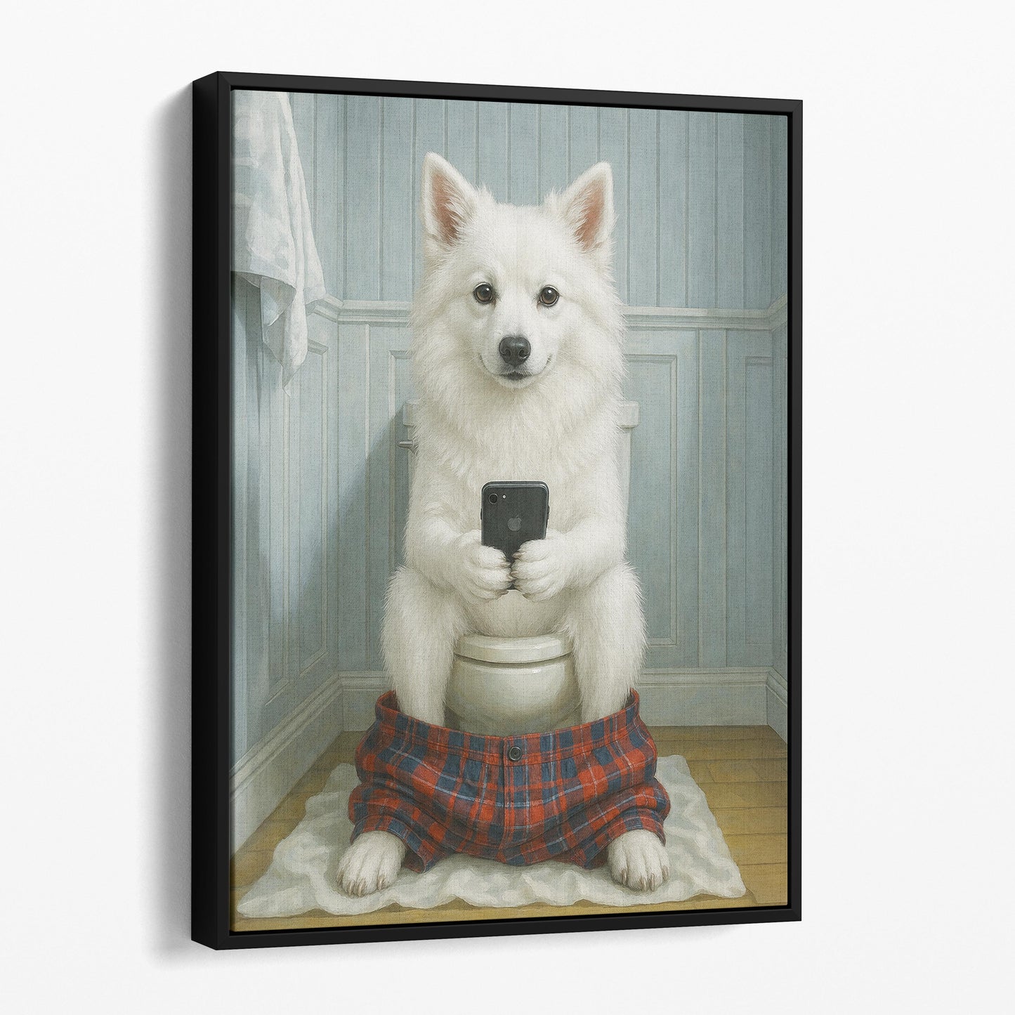 American Eskimo Dog On The Phone On The Toilet