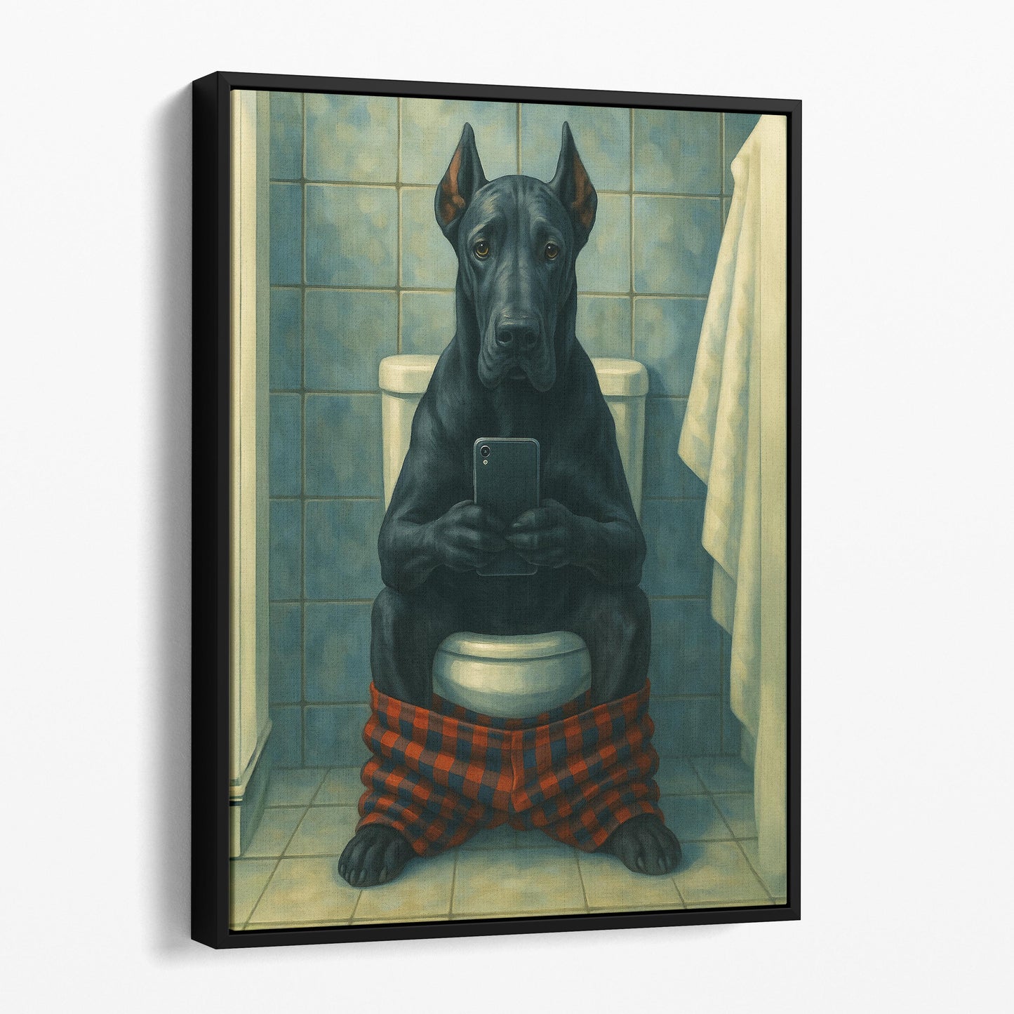 Great Dane On The Phone On The Toilet