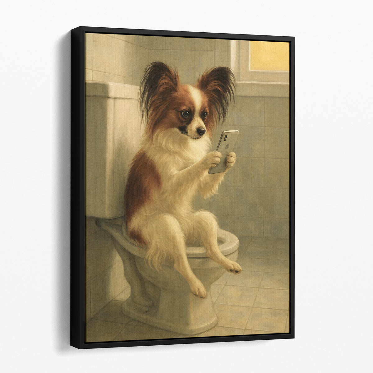 Papillon Dog On The Phone On The Toilet