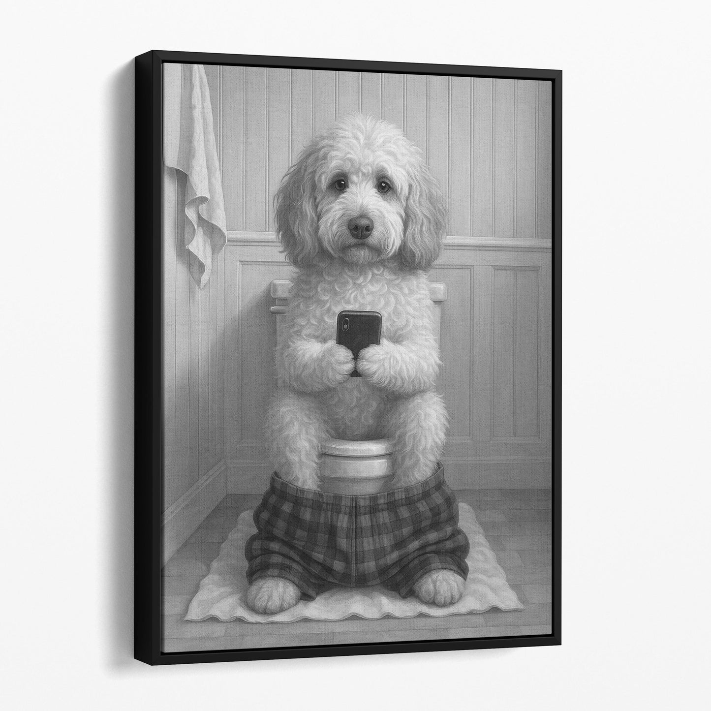 Labradoodle Dog On The Phone On The Toilet