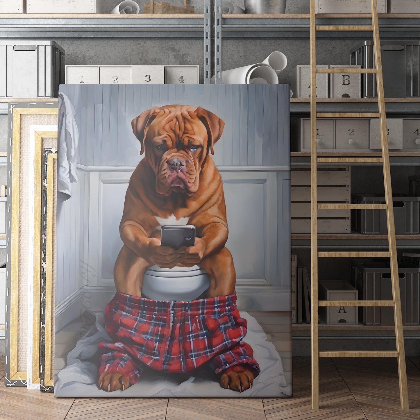 French Bordeaux Mastiff On The Phone On The Toilet