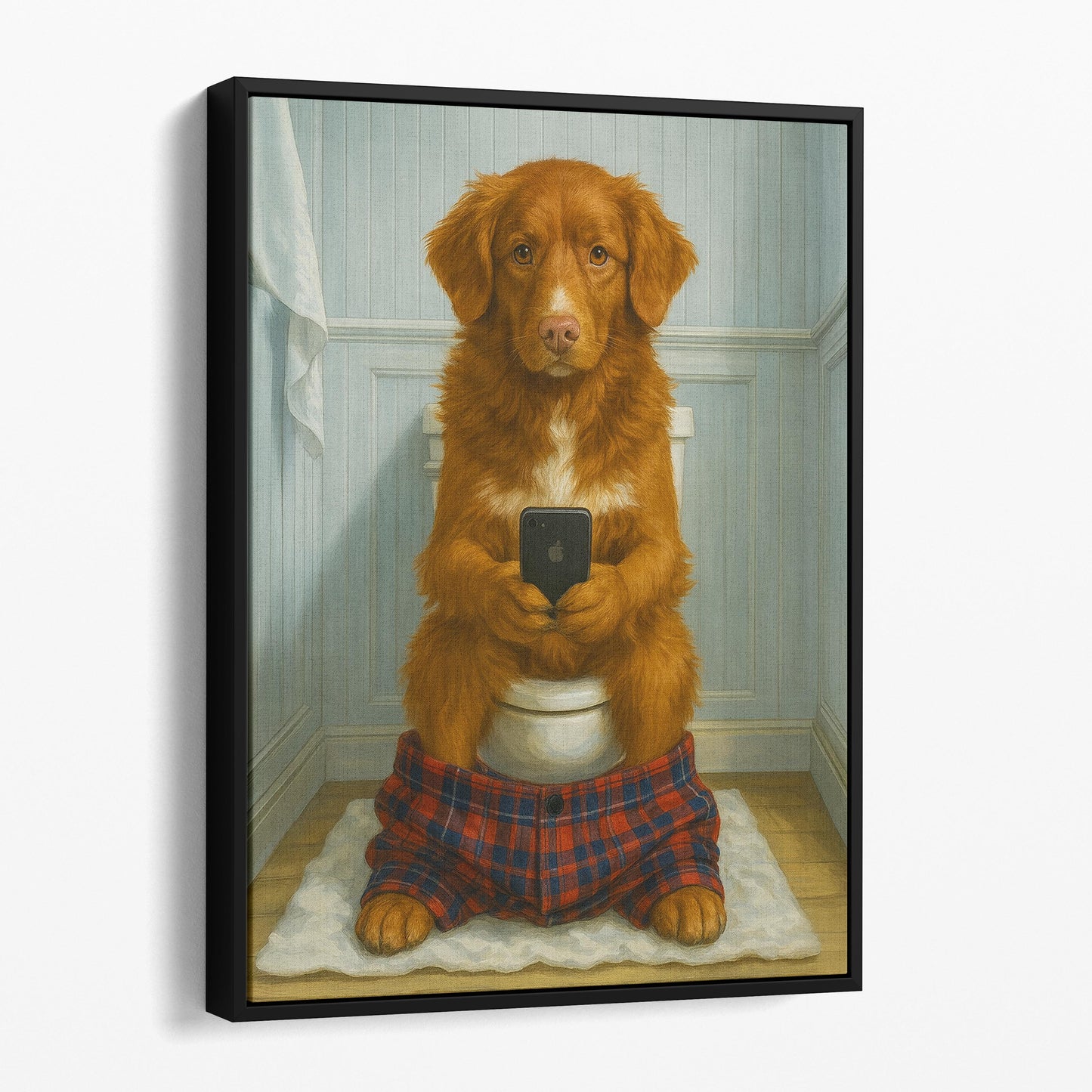 Nova Scotia Duck Tolling Retriever Dog On The Phone On The Toilet