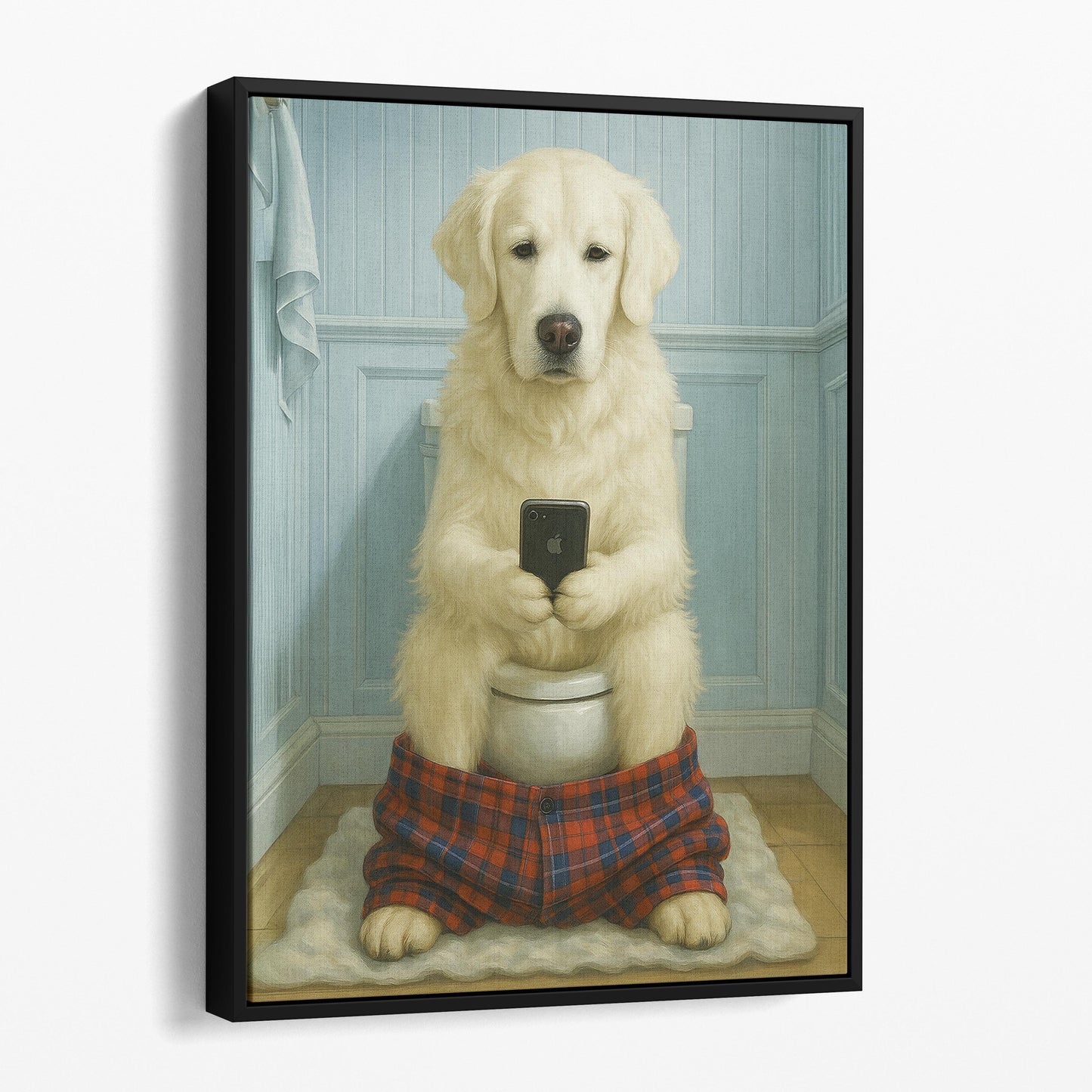 English Cream Golden Retriever Dog Reading The Newspaper On The Toilet