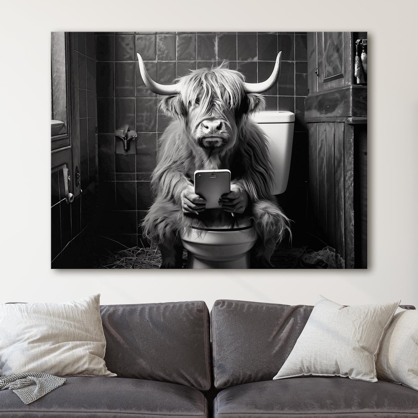 Highland Cow On The Toilet On The Phone