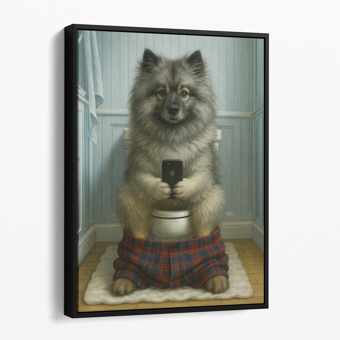 Keeshond Dog On The Phone On The Toilet