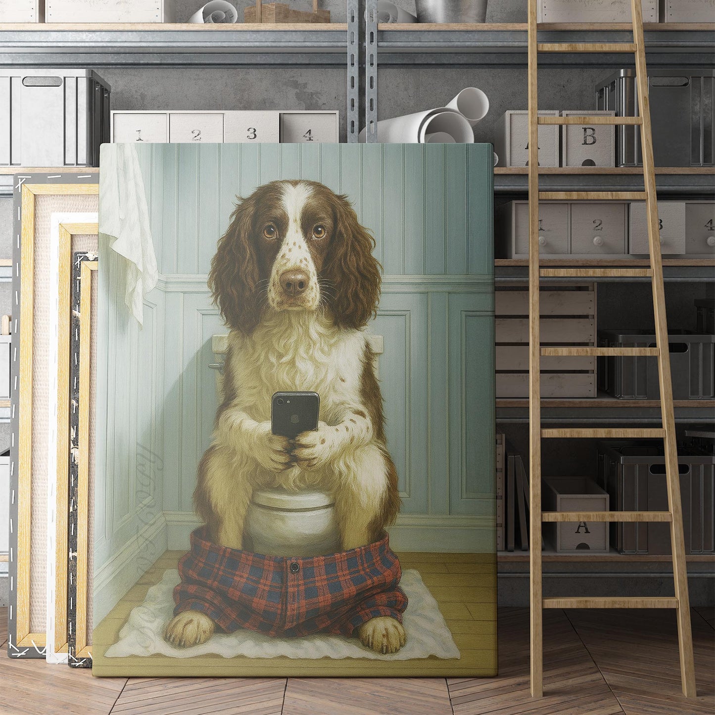 English Springer Spaniel Dog On The Phone On The Toilet