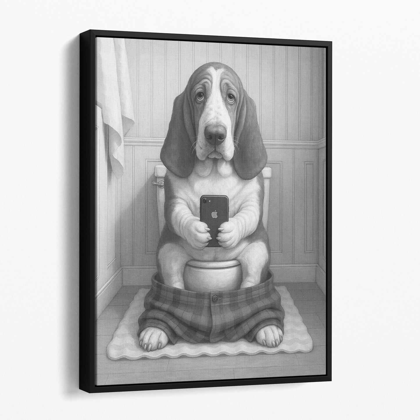 Basset Hound Dog On The Phone On The Toilet