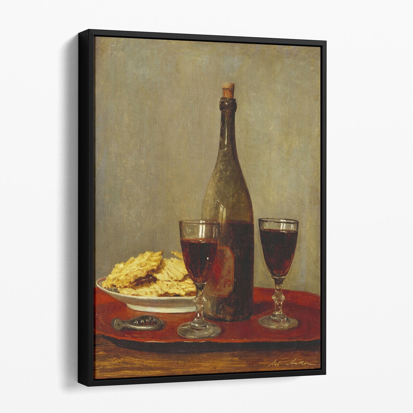 Still Life: Two Glasses of Red Wine, a Bottle of Wine, a Corkscrew and a Plate of Biscuits on a Tray by Albert Anker
