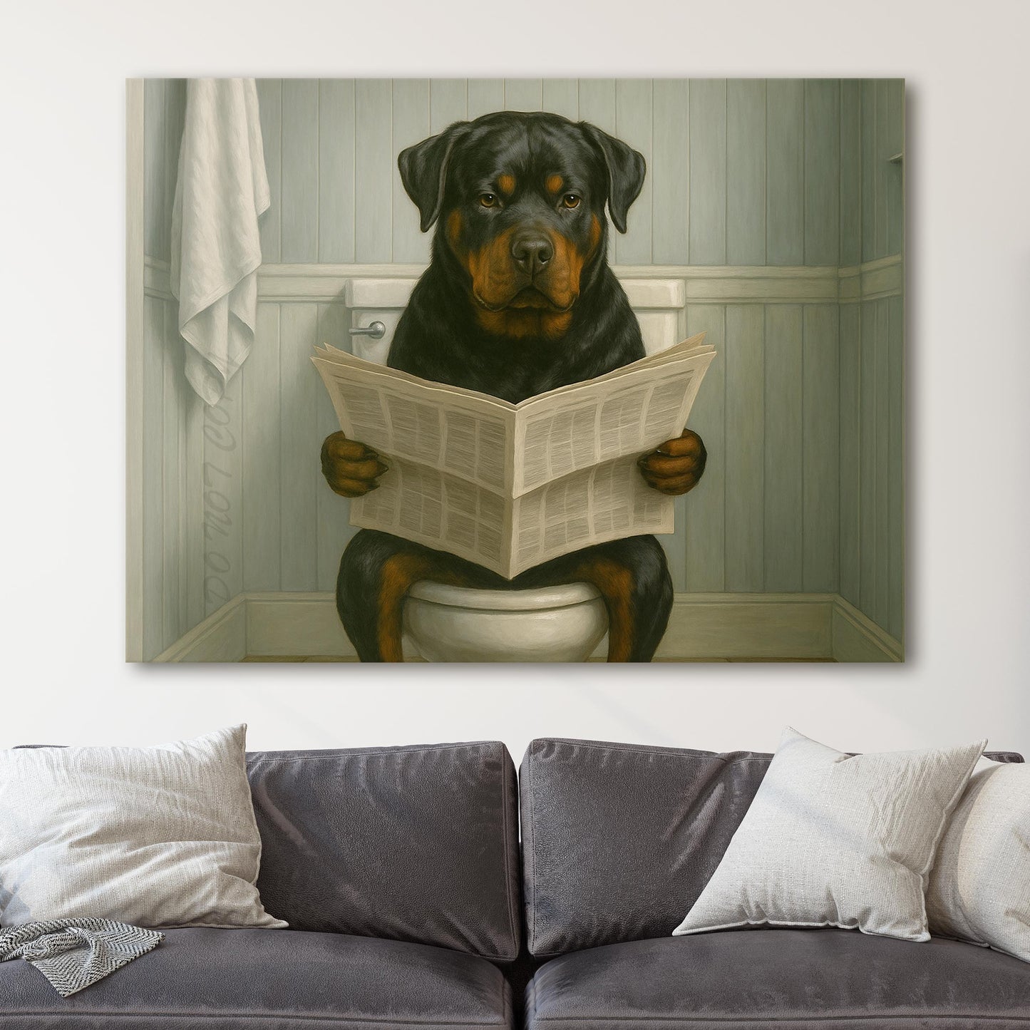 Rottweiler Reading The Newspaper On The Toilet