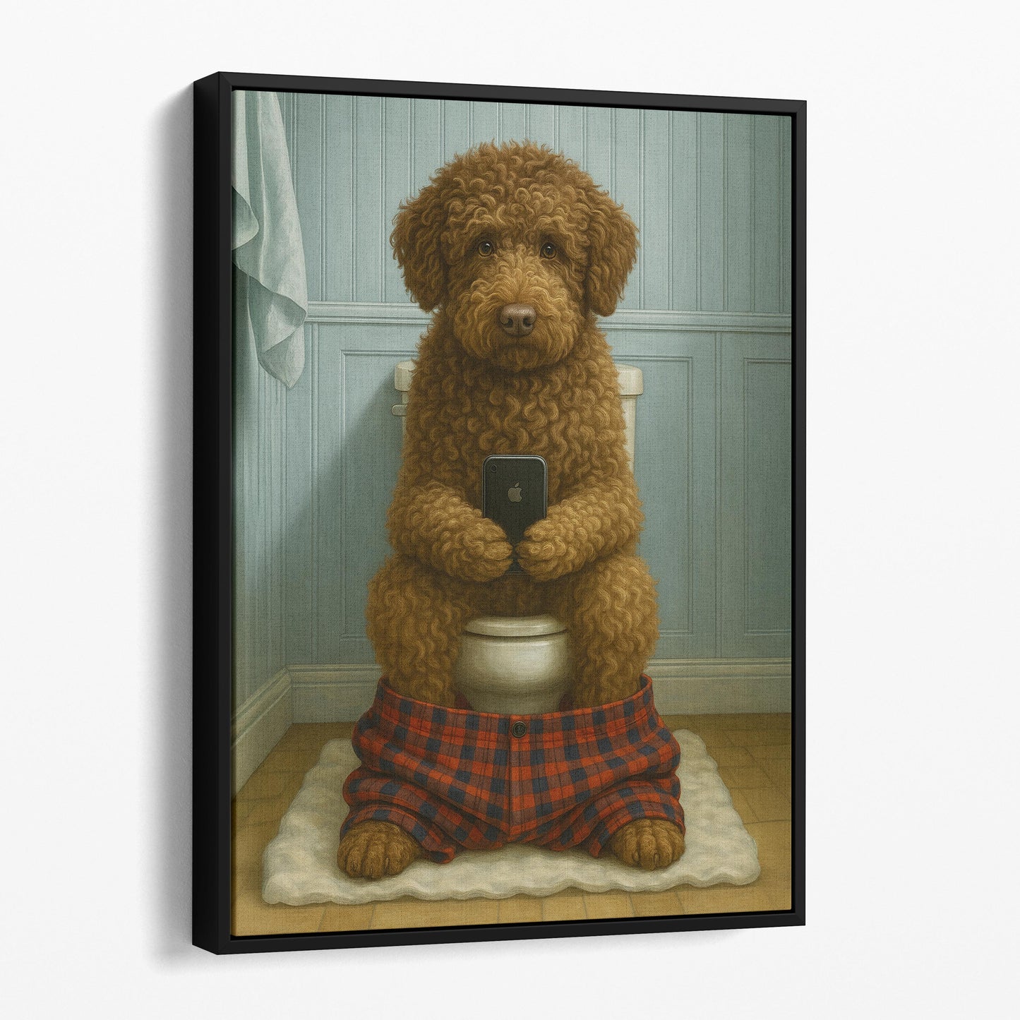 Lagotto Romagnolo Dog On The Phone On The Toilet