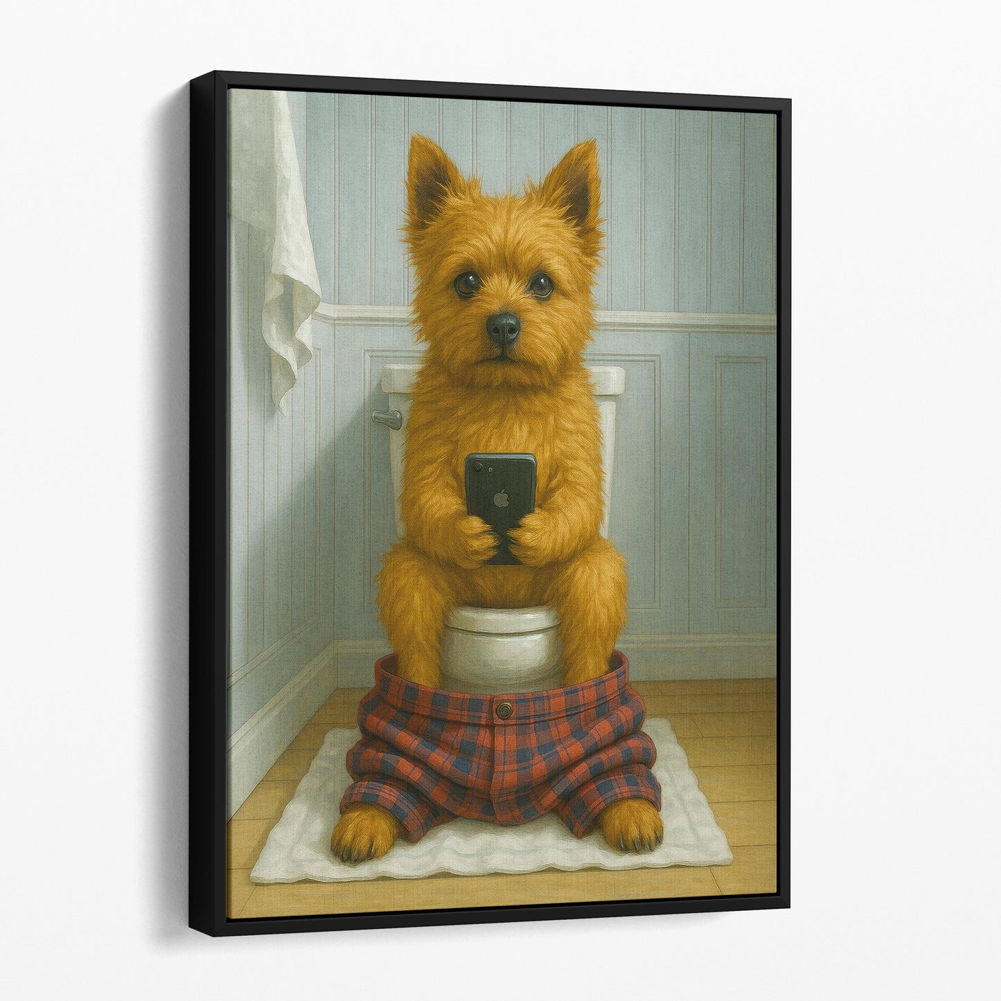 Norwich Terrier Dog On The Phone On The Toilet