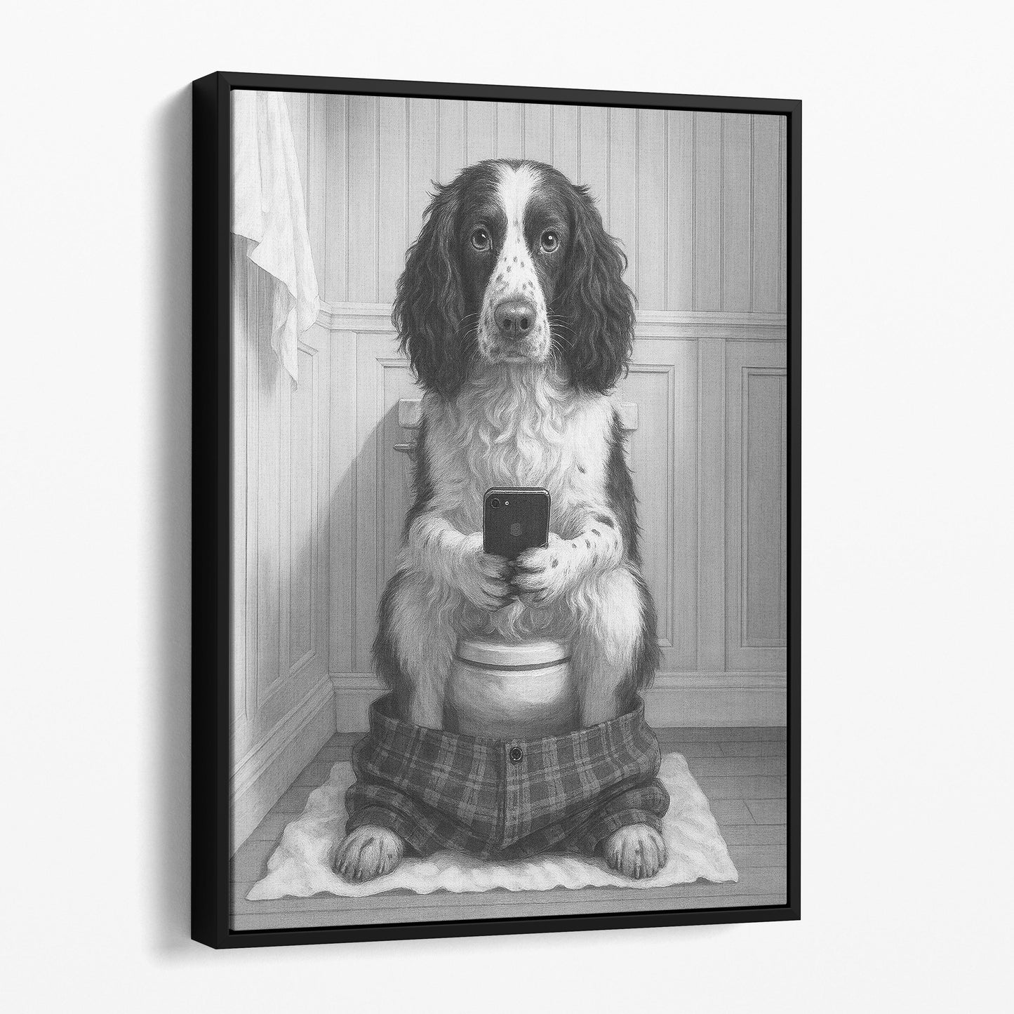 English Springer Spaniel Dog On The Phone On The Toilet